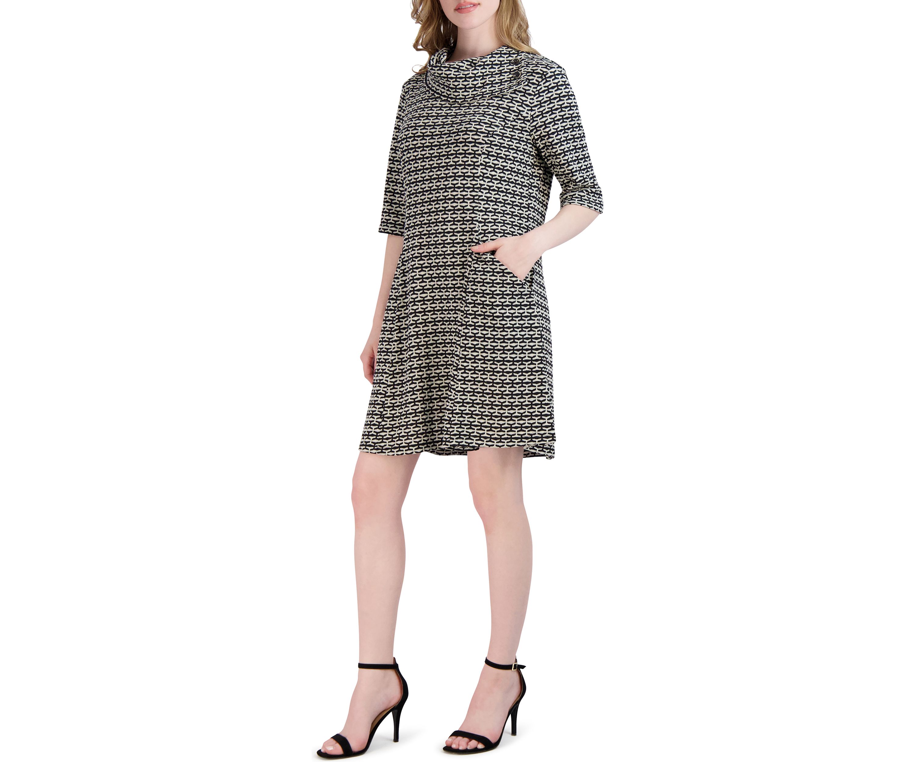 Womens Drape Neck Houndstooth Dress