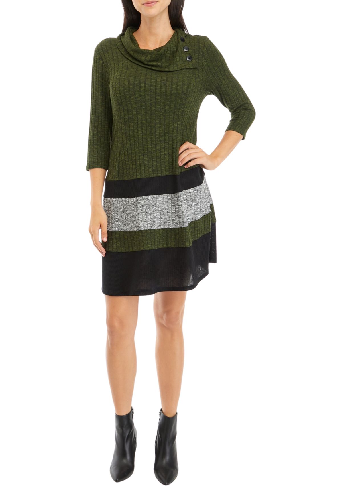 Womens 3/4 Sleeve Color Block Envelope Neck A-Line Cozy Dress