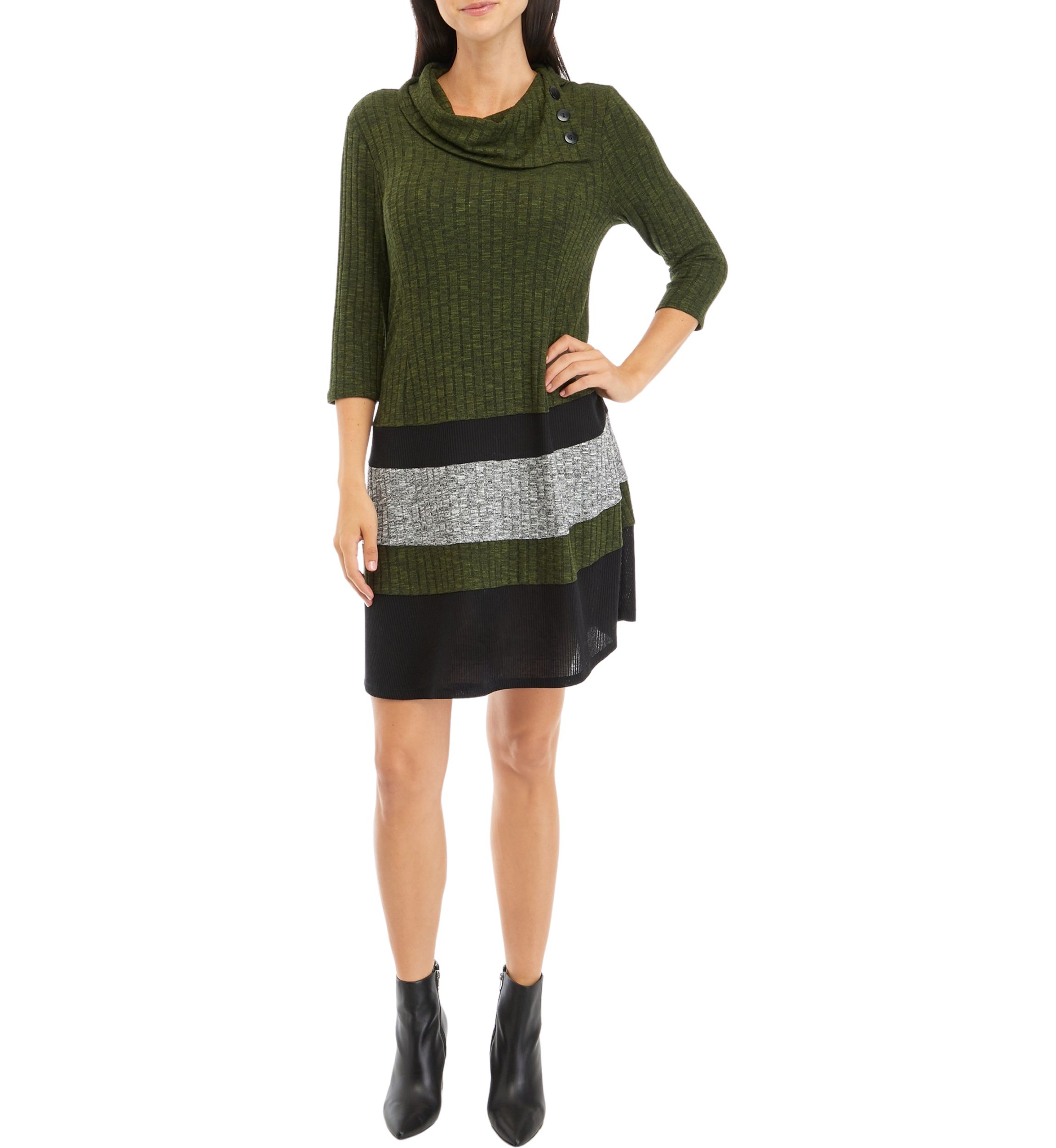Womens 3/4 Sleeve Color Block Envelope Neck A-Line Cozy Dress
