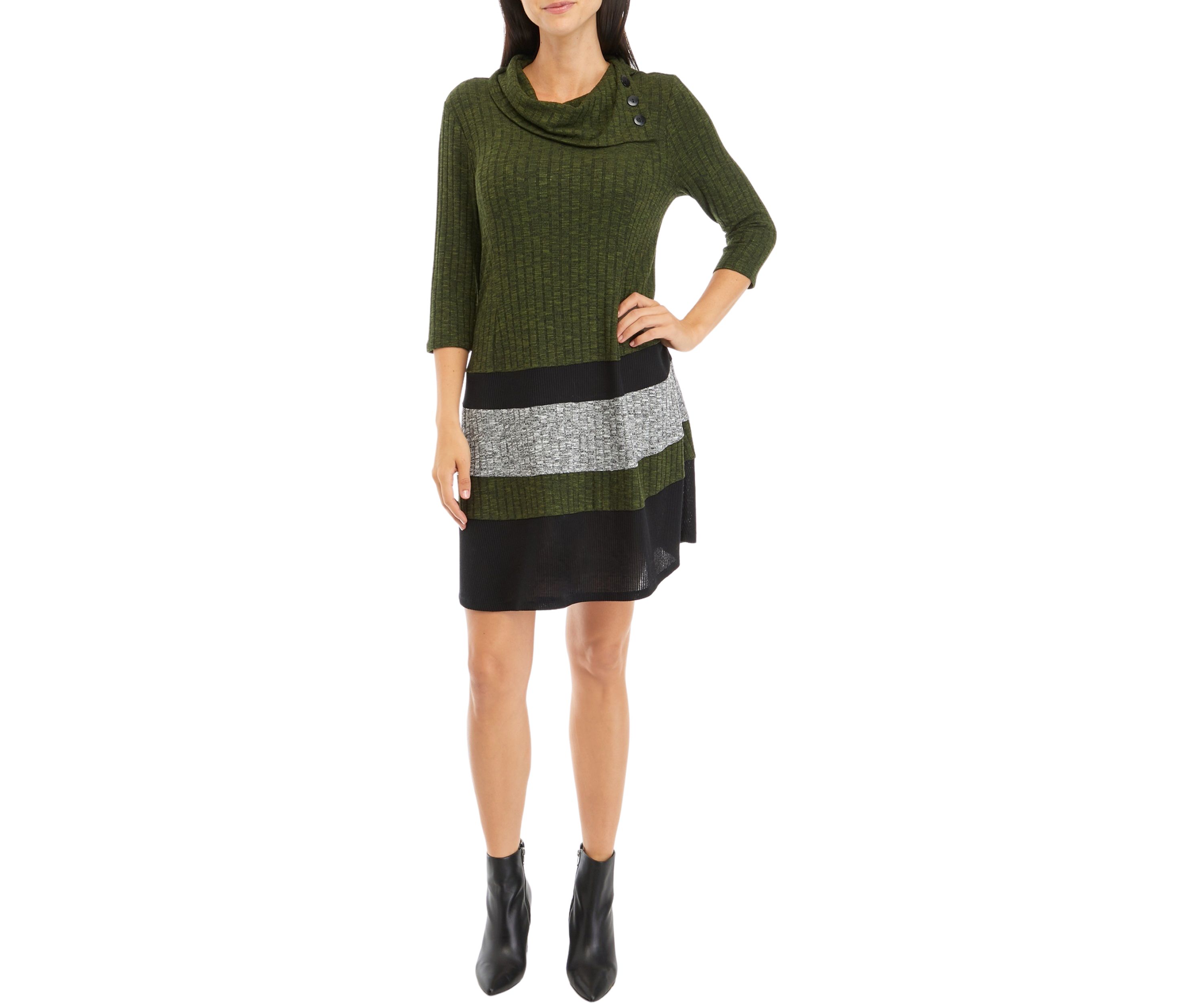 Womens 3/4 Sleeve Color Block Envelope Neck A-Line Cozy Dress