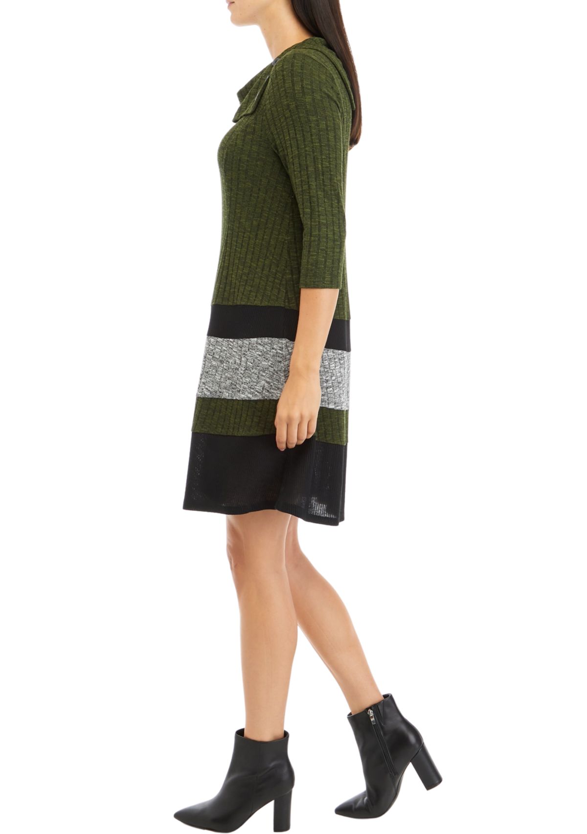 Womens 3/4 Sleeve Color Block Envelope Neck A-Line Cozy Dress