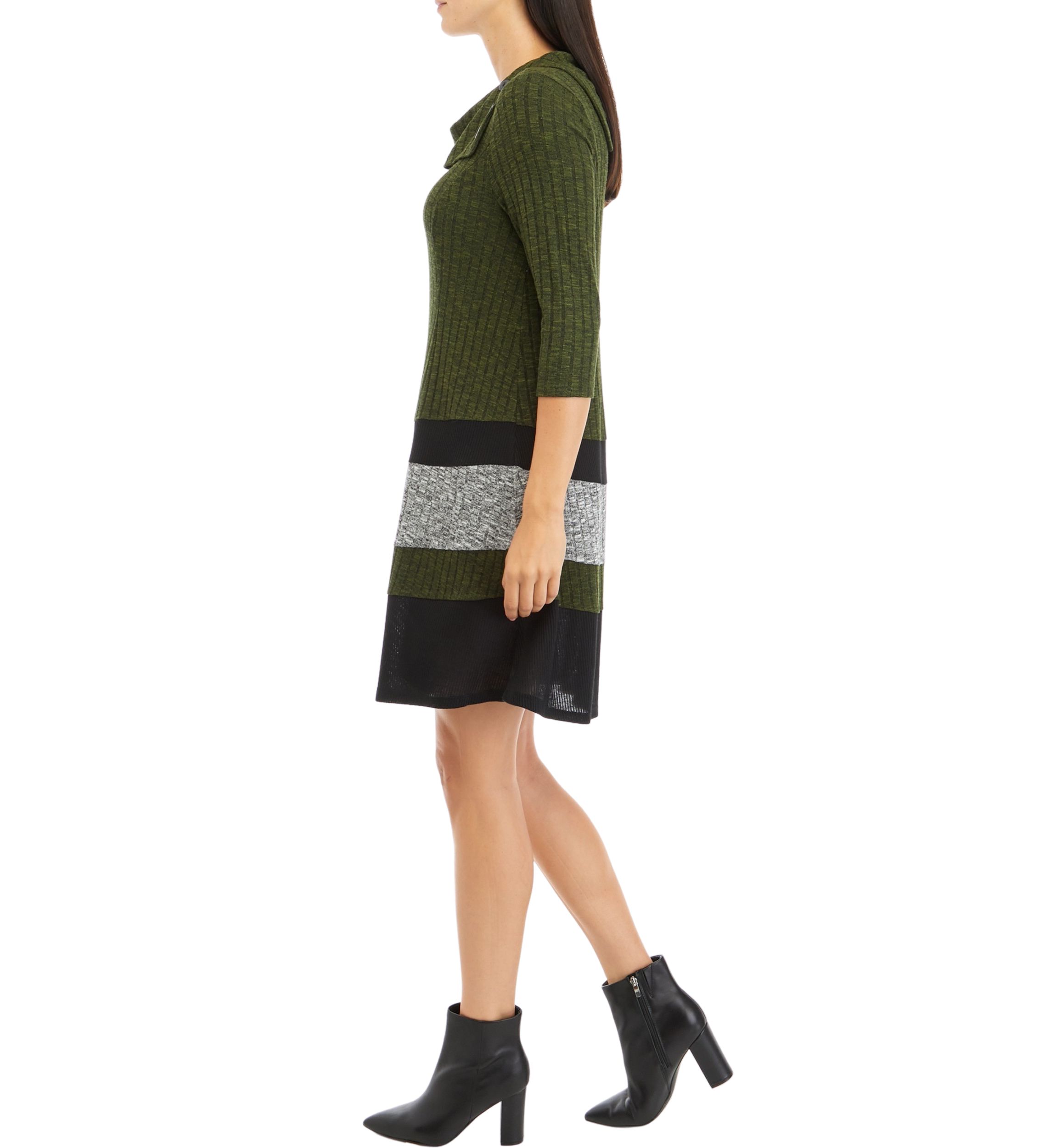 Womens 3/4 Sleeve Color Block Envelope Neck A-Line Cozy Dress
