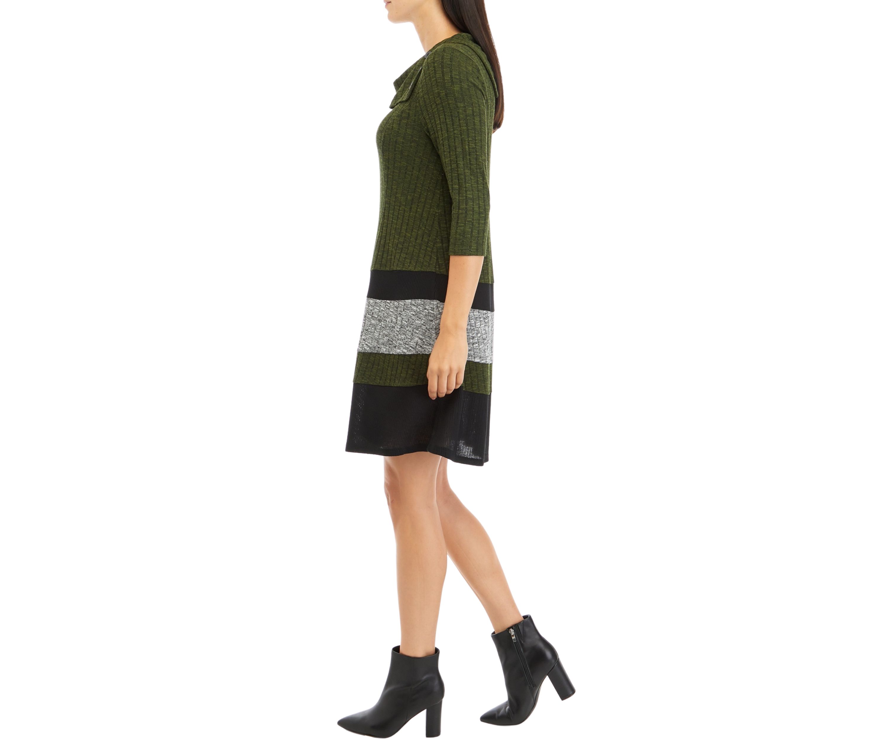 Womens 3/4 Sleeve Color Block Envelope Neck A-Line Cozy Dress