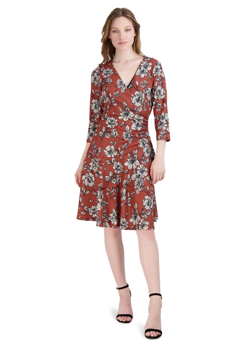 Womens 3/4 Puff Sleeve Floral Dress