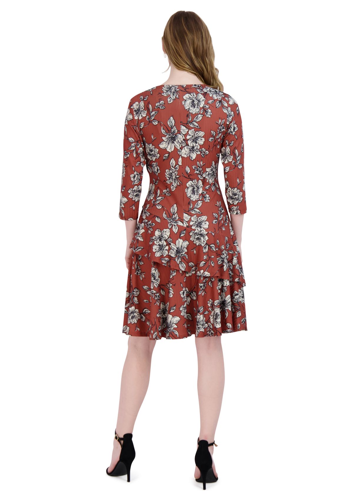 Womens 3/4 Puff Sleeve Floral Dress