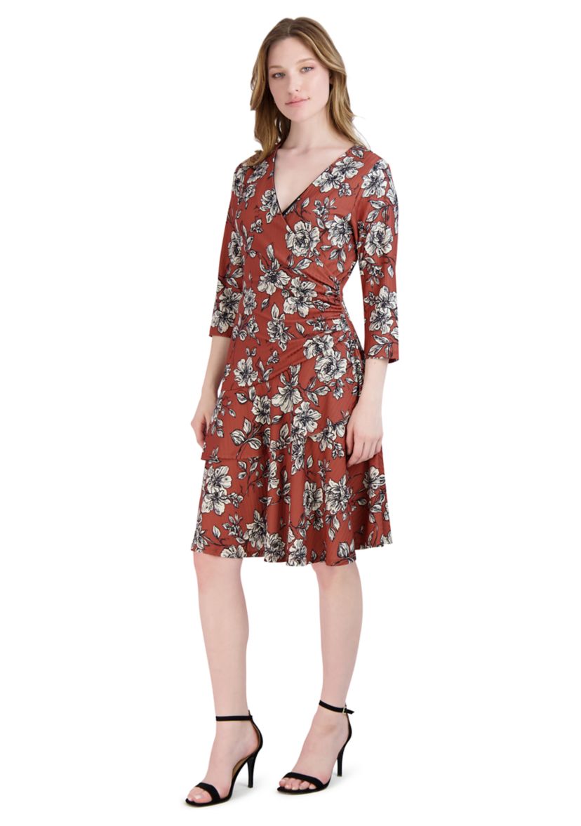 Womens 3/4 Puff Sleeve Floral Dress