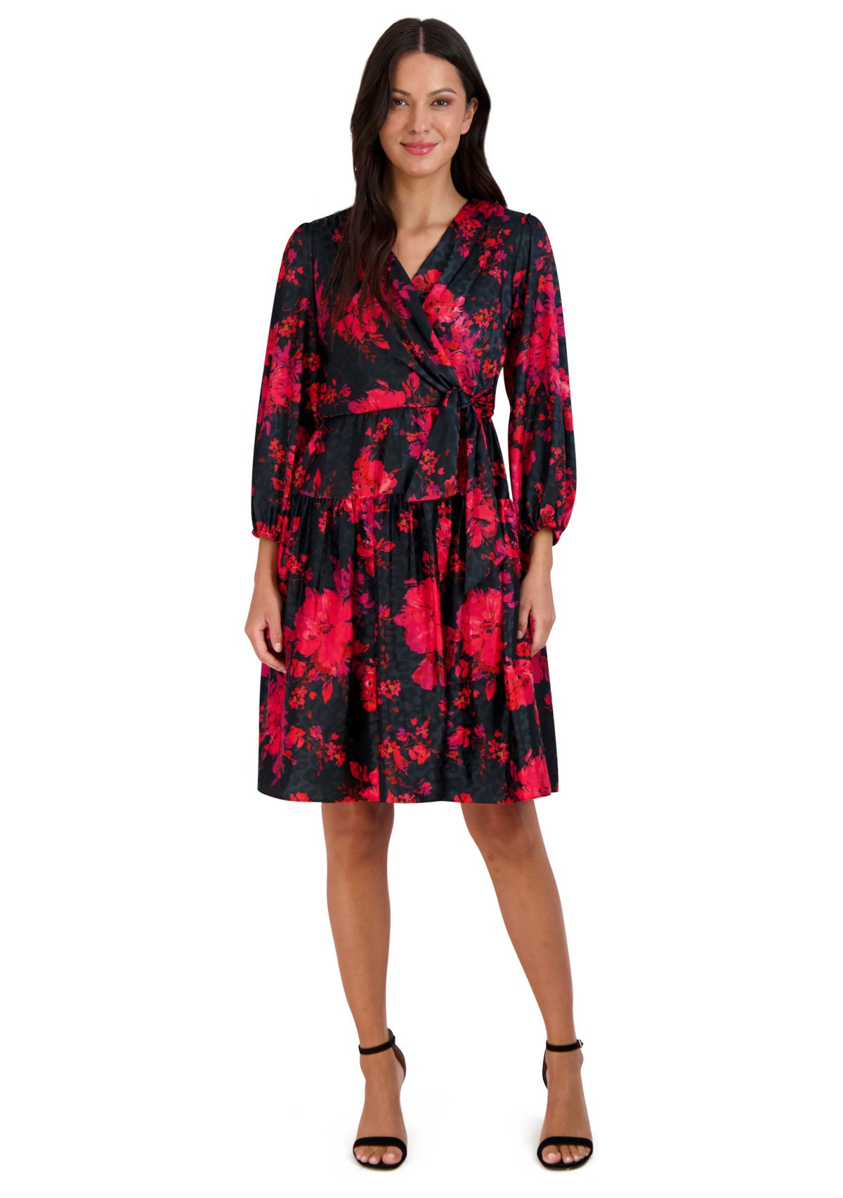 Womens Puff Sleeve Wrapped Floral A-Line Dress