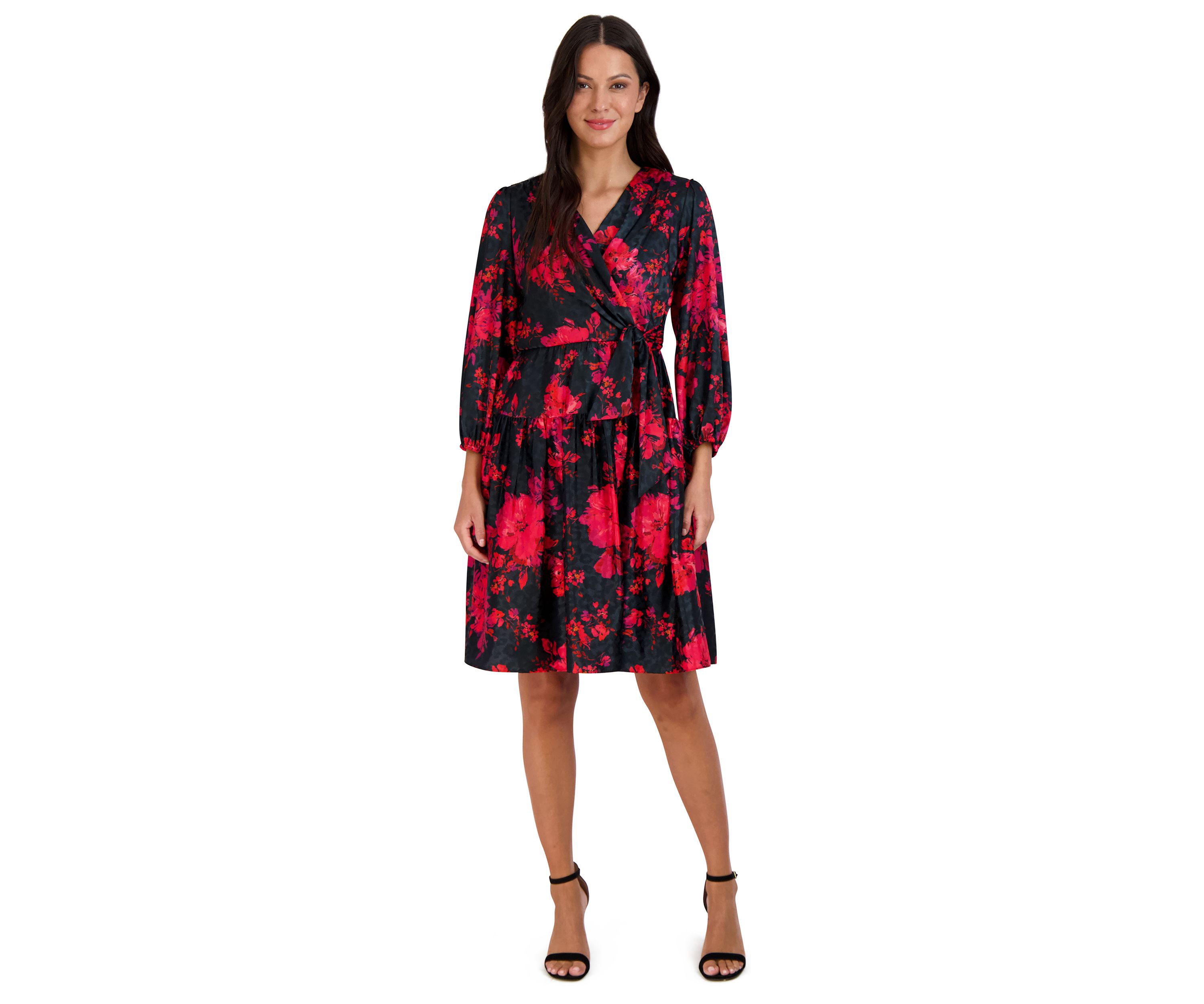 Womens Puff Sleeve Wrapped Floral A-Line Dress