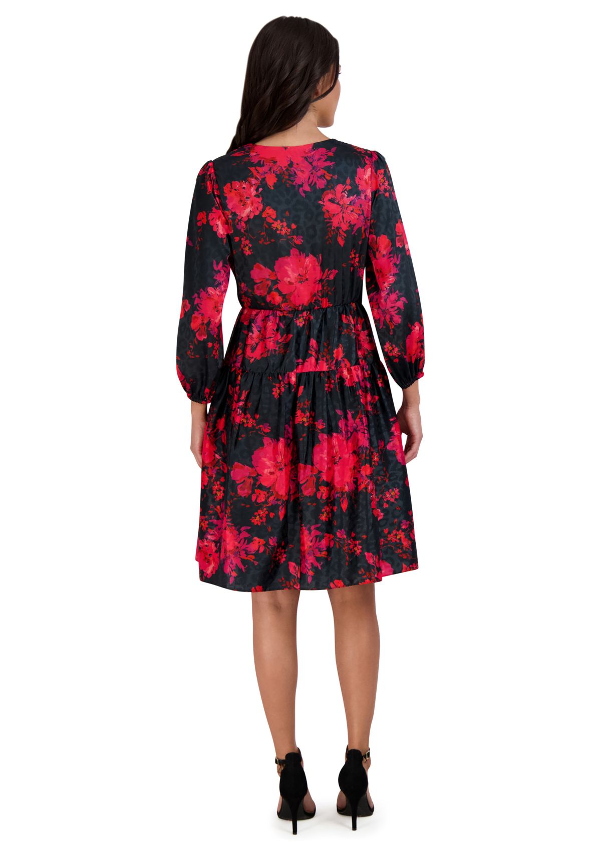 Womens Puff Sleeve Wrapped Floral A-Line Dress