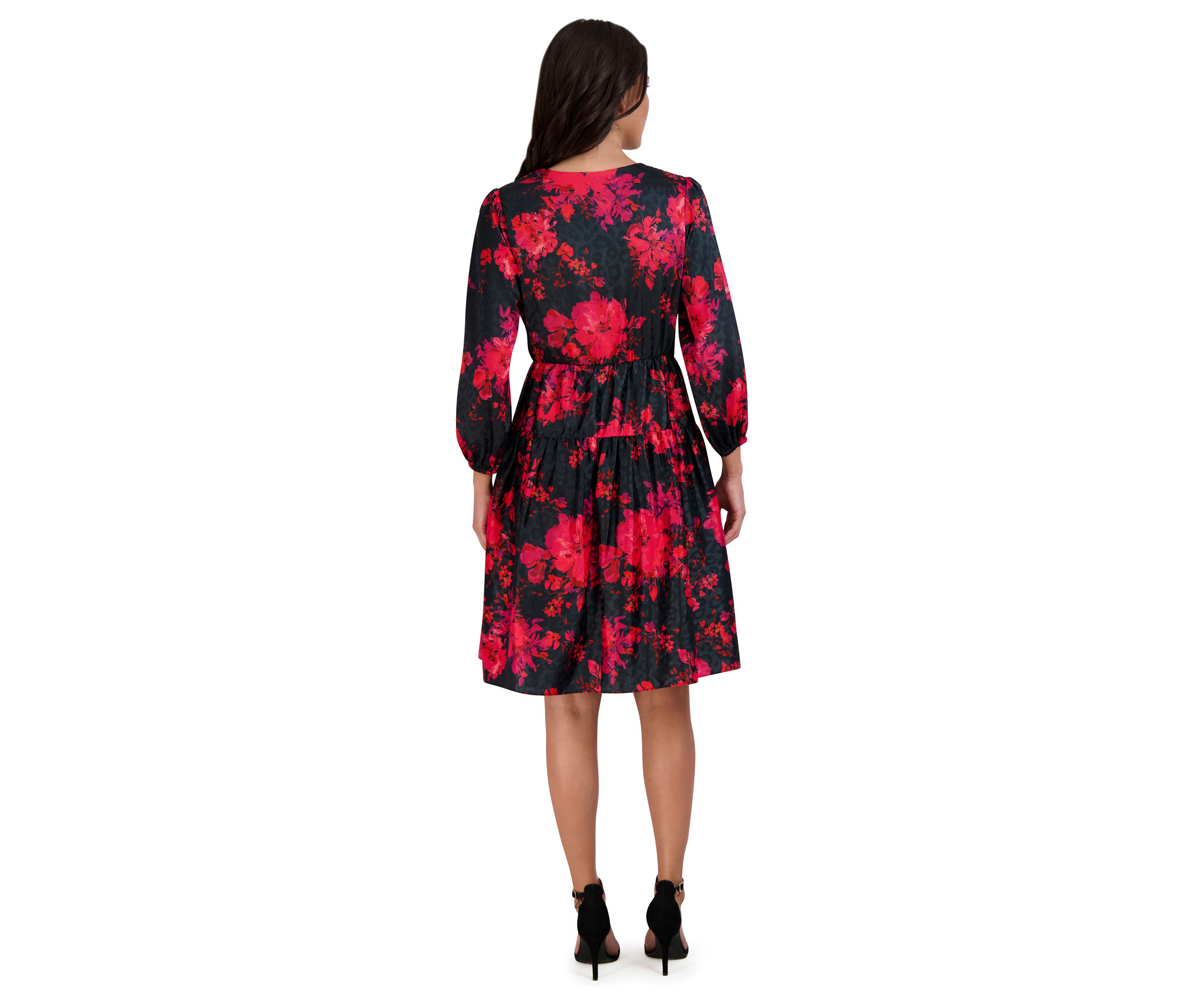 Womens Puff Sleeve Wrapped Floral A-Line Dress