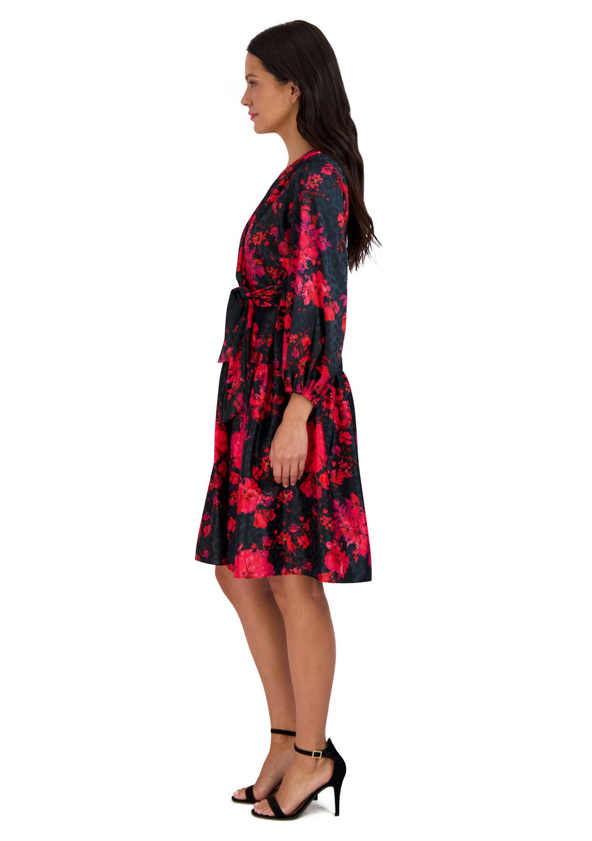 Womens Puff Sleeve Wrapped Floral A-Line Dress