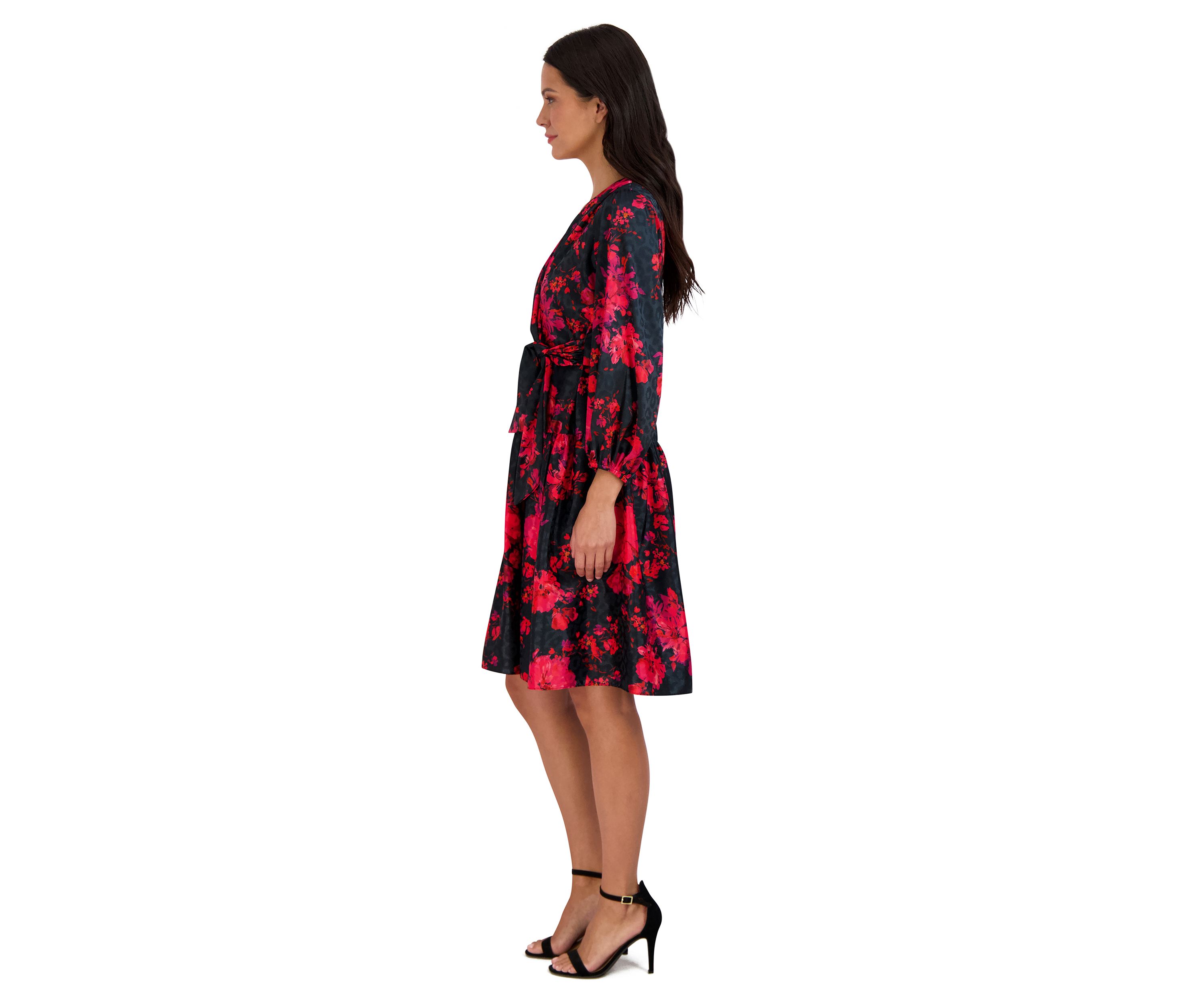Womens Puff Sleeve Wrapped Floral A-Line Dress