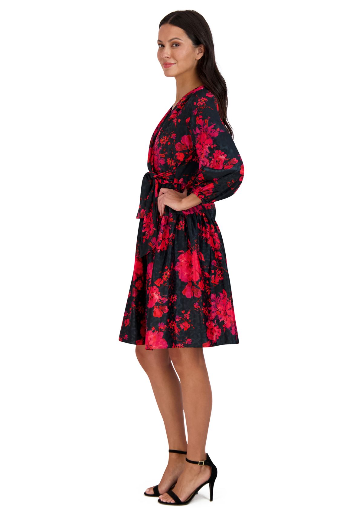 Womens Puff Sleeve Wrapped Floral A-Line Dress