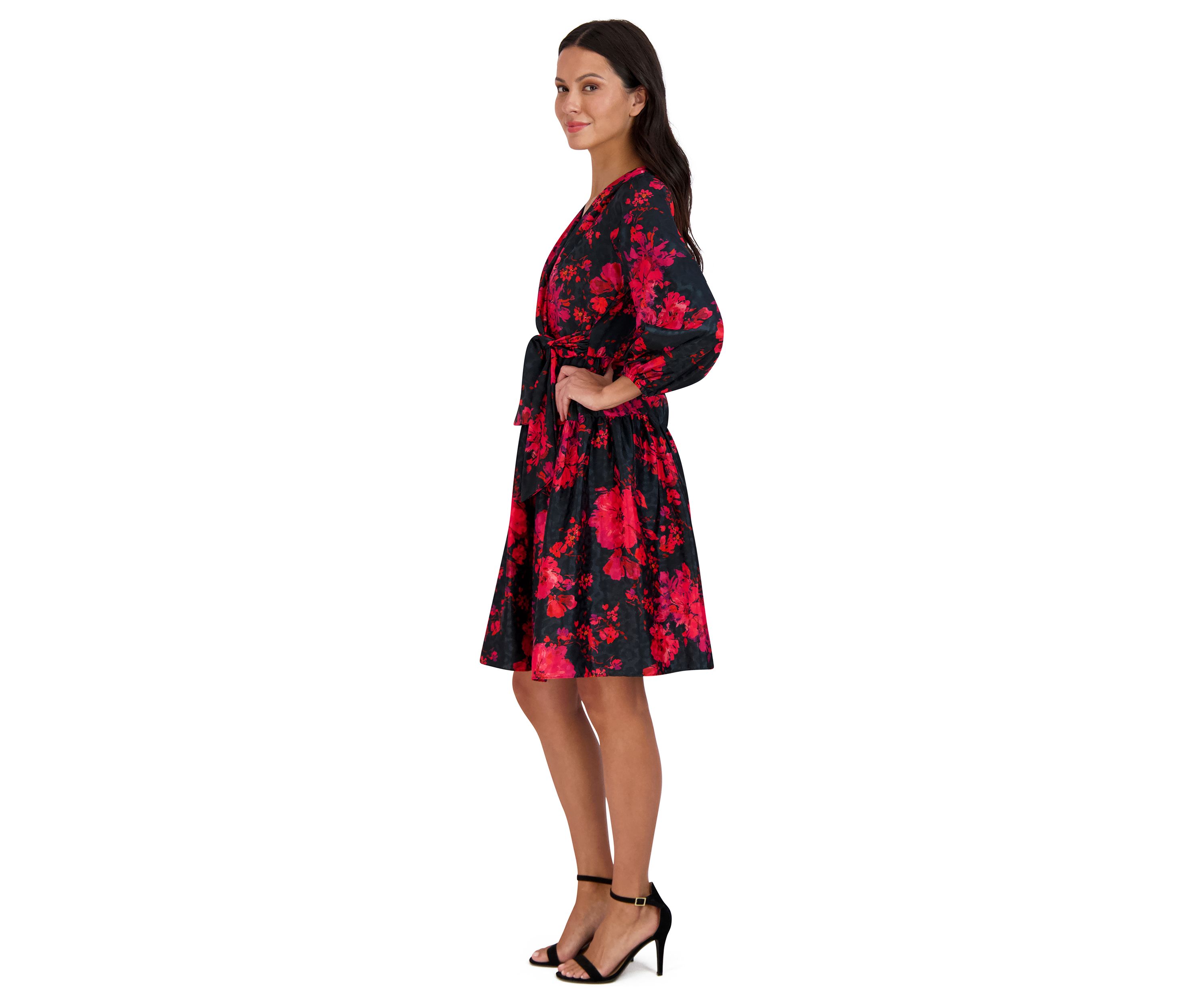 Womens Puff Sleeve Wrapped Floral A-Line Dress