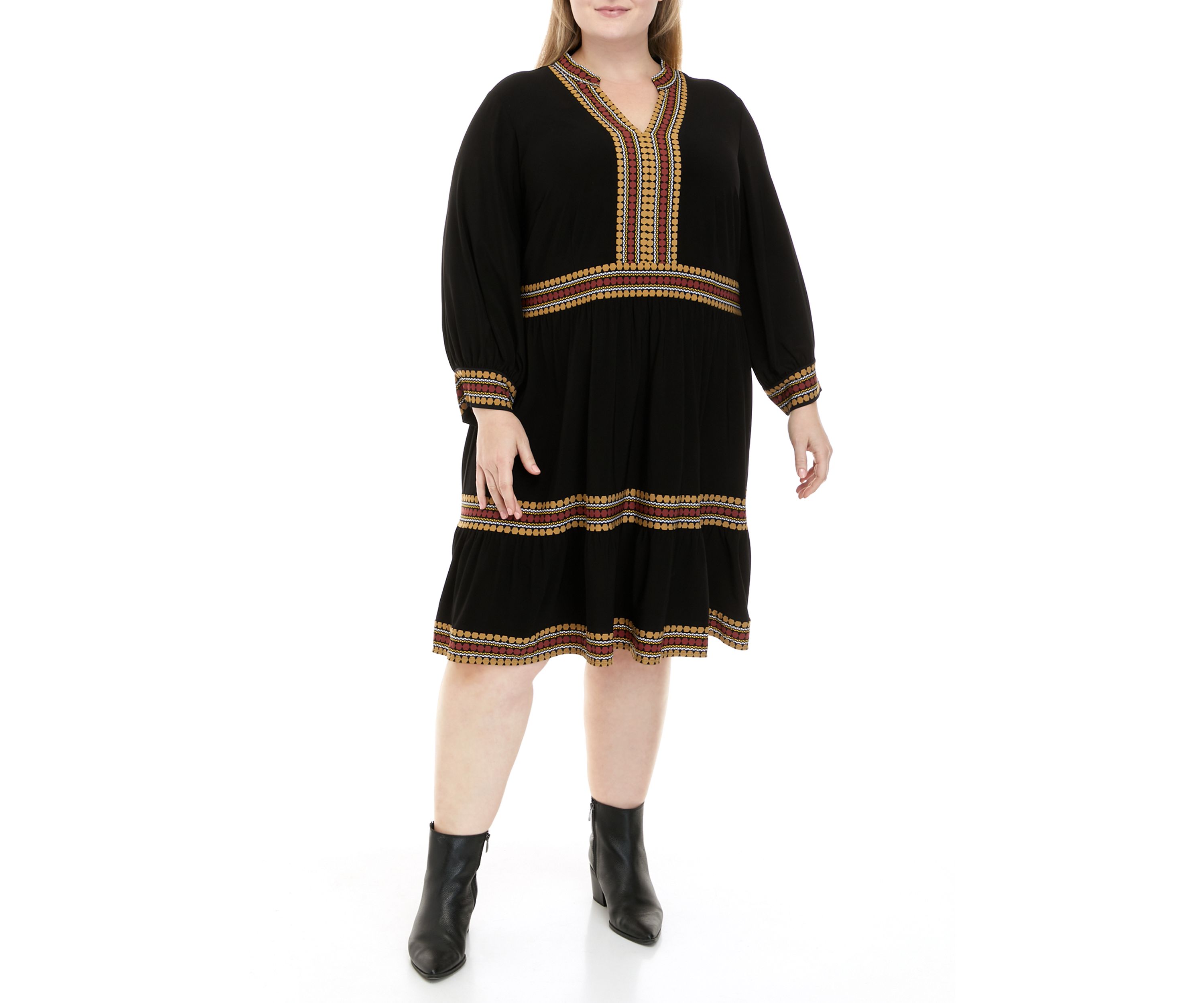 Plus Size Long Sleeve Split Neck Border Print Babydoll Dress