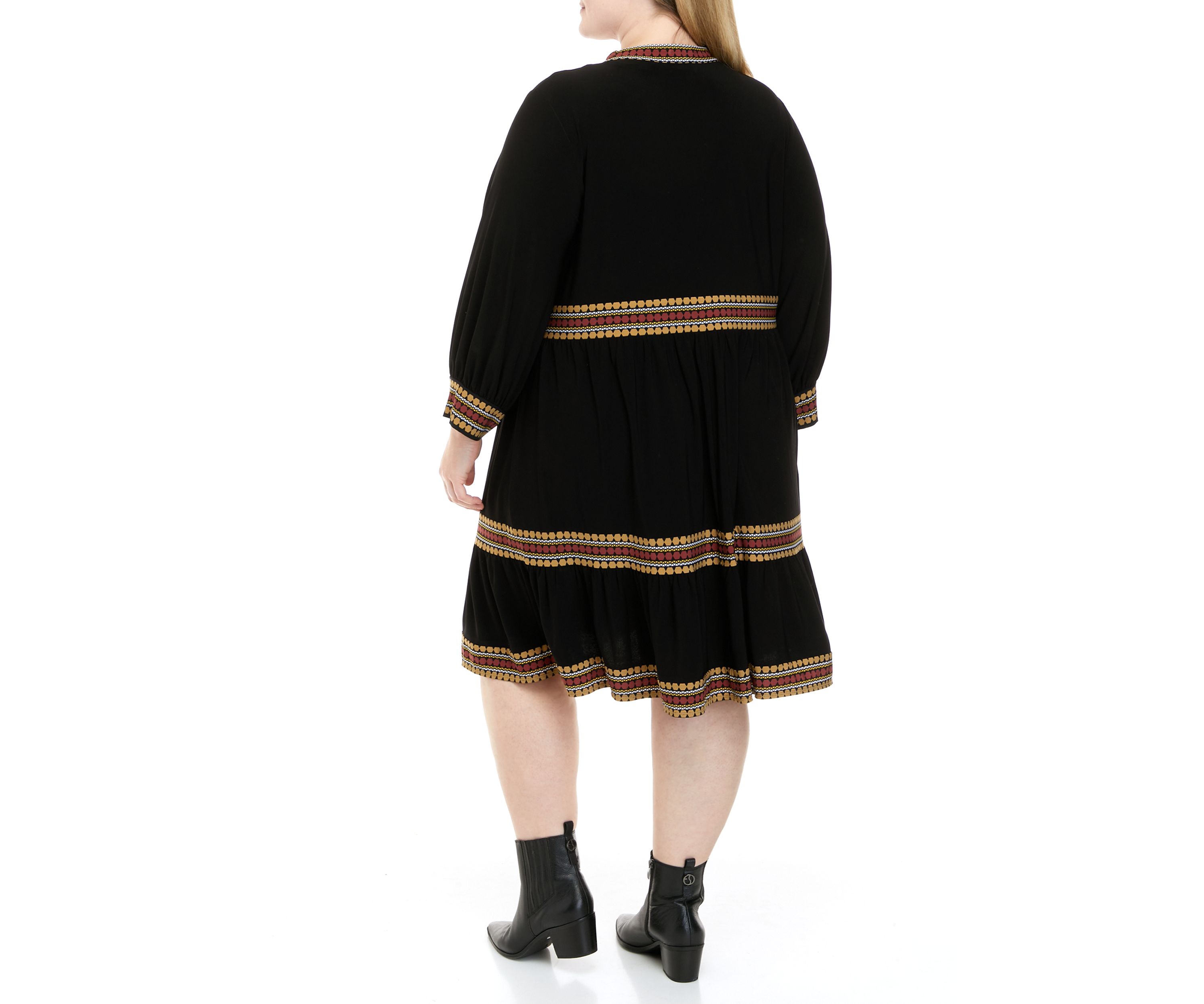 Plus Size Long Sleeve Split Neck Border Print Babydoll Dress