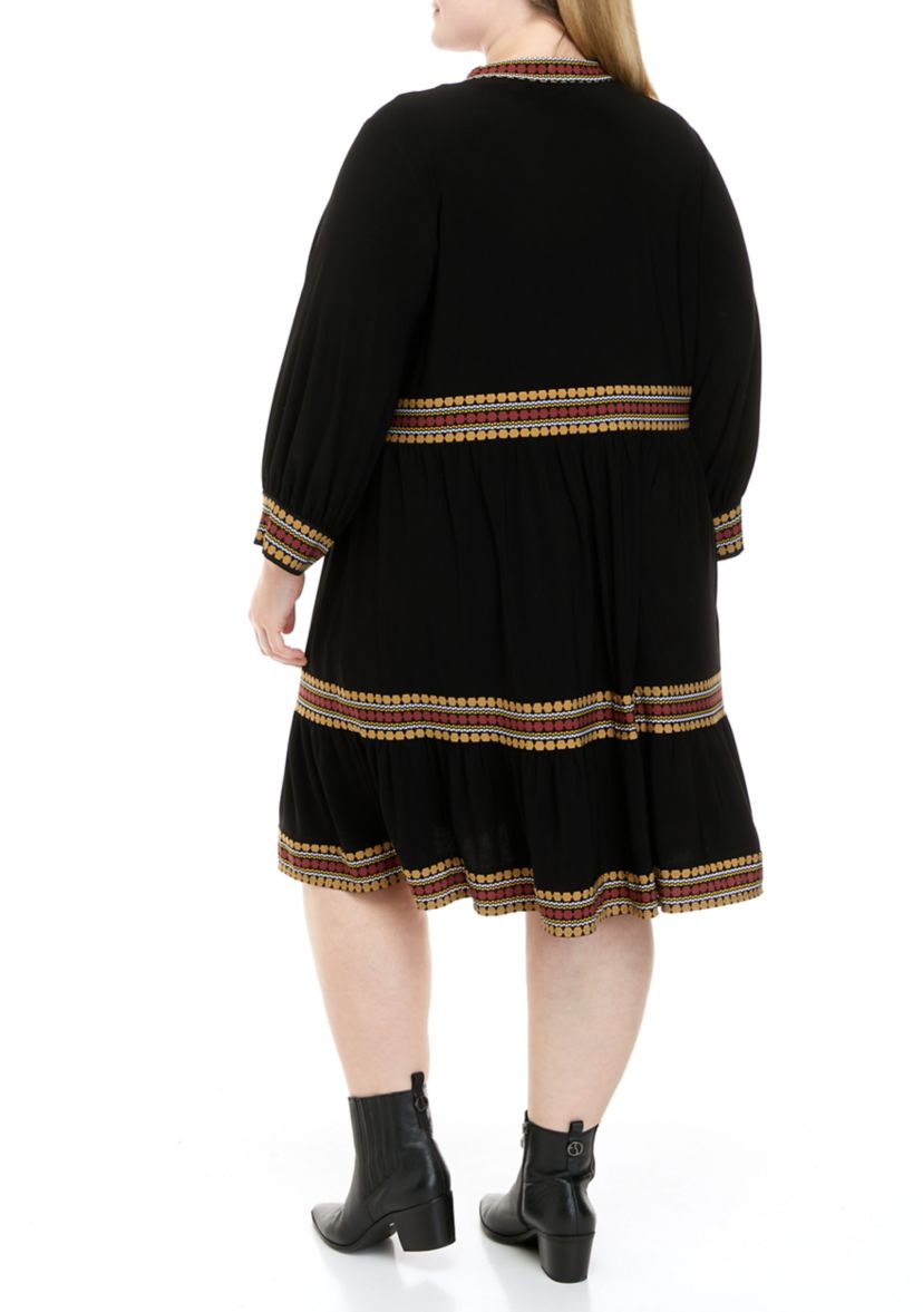 Plus Size Long Sleeve Split Neck Border Print Babydoll Dress