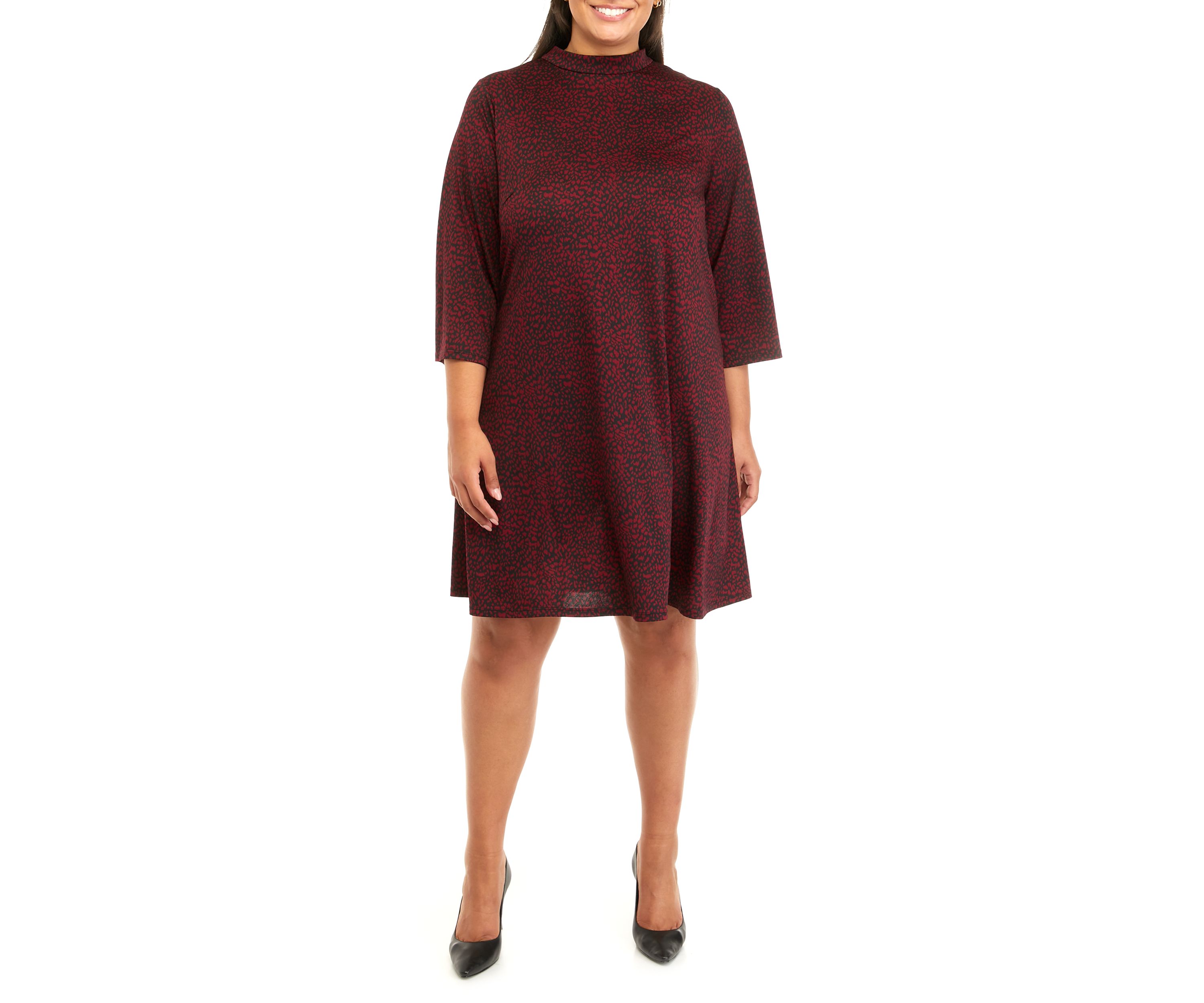 Plus Size 3/4 Sleeve Mock Neck Animal Print A-Line Dress