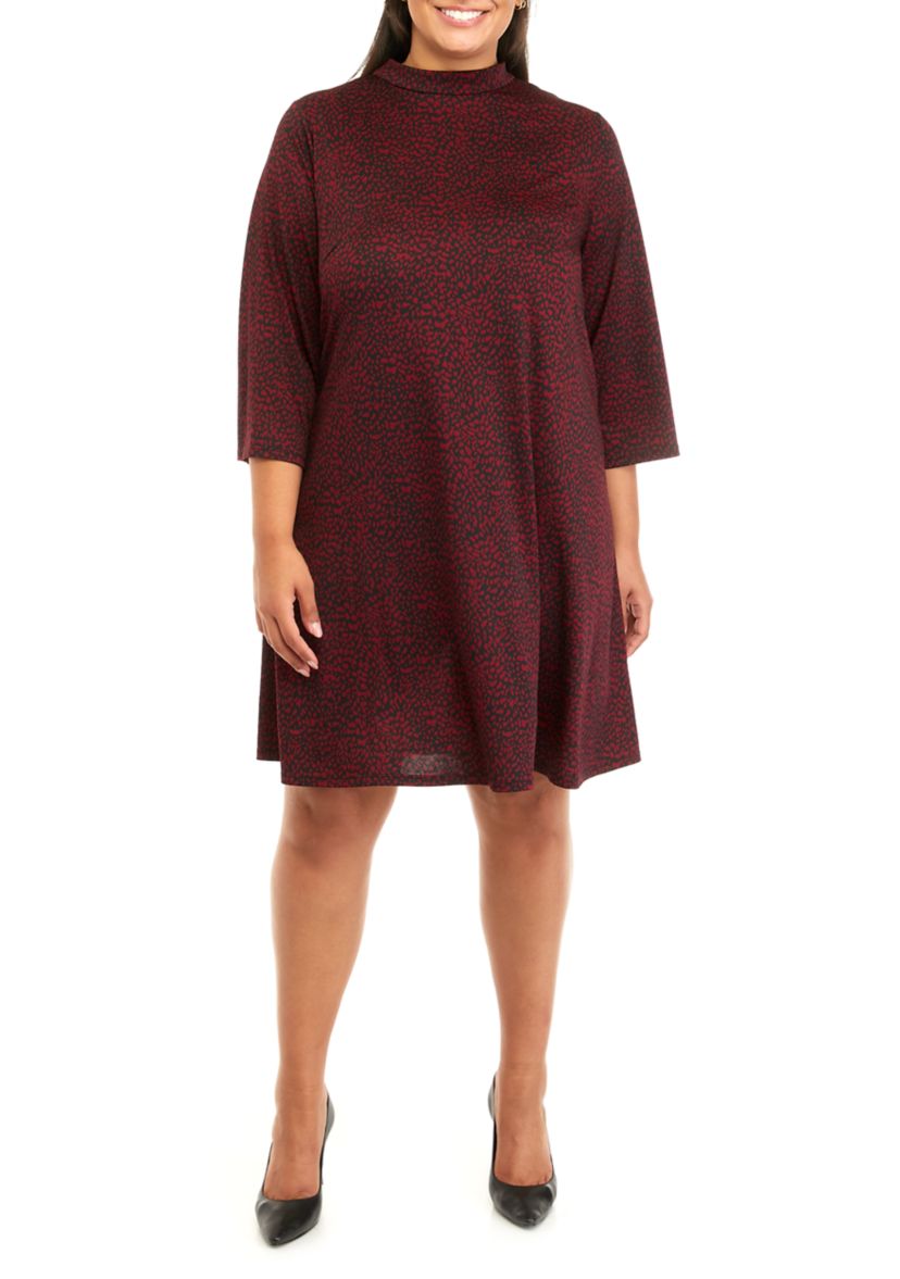 Plus Size 3/4 Sleeve Mock Neck Animal Print A-Line Dress