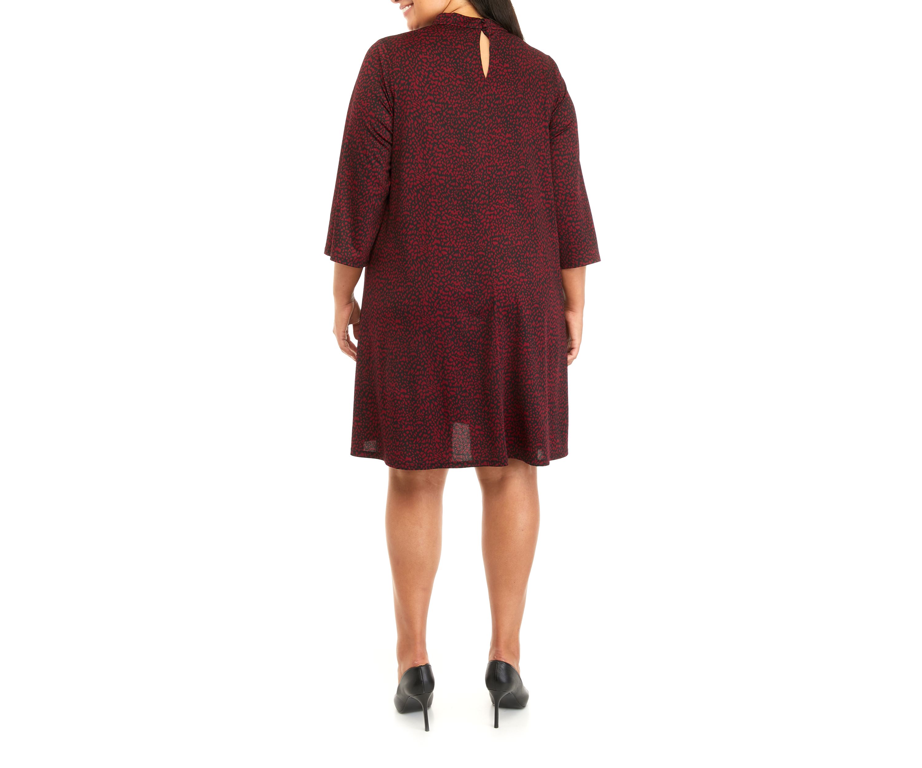 Plus Size 3/4 Sleeve Mock Neck Animal Print A-Line Dress