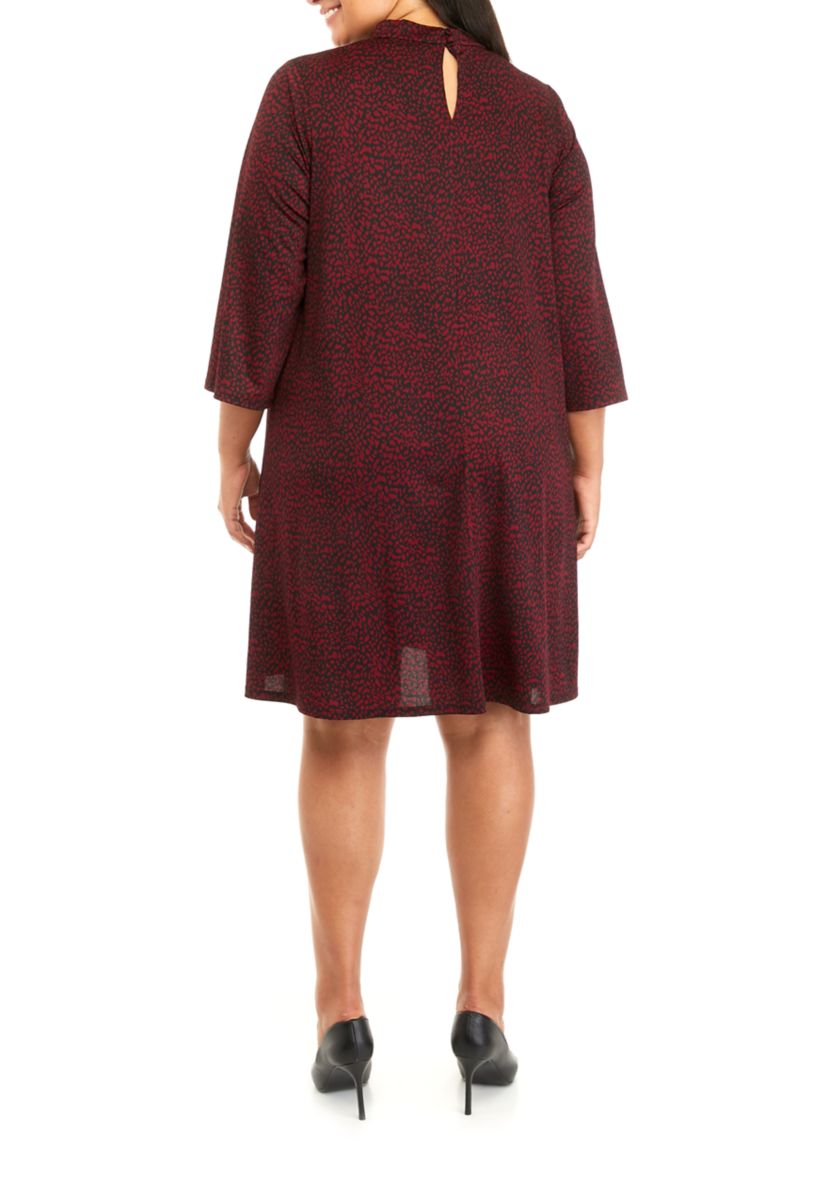 Plus Size 3/4 Sleeve Mock Neck Animal Print A-Line Dress
