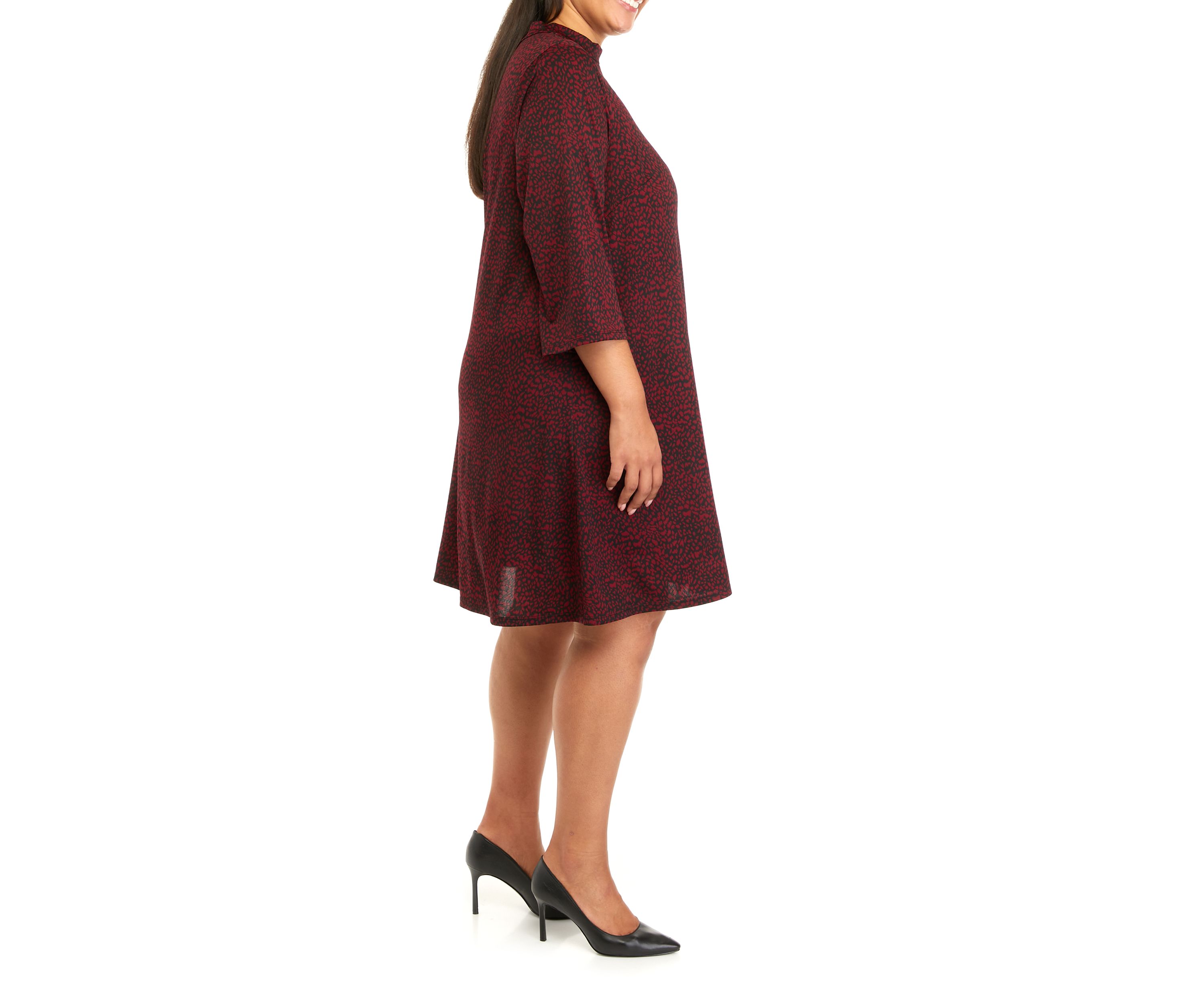 Plus Size 3/4 Sleeve Mock Neck Animal Print A-Line Dress