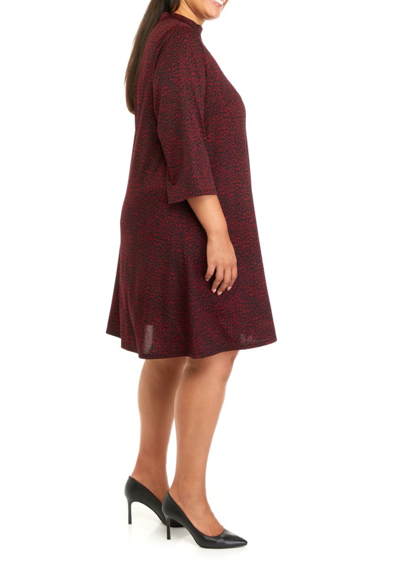 Plus Size 3/4 Sleeve Mock Neck Animal Print A-Line Dress