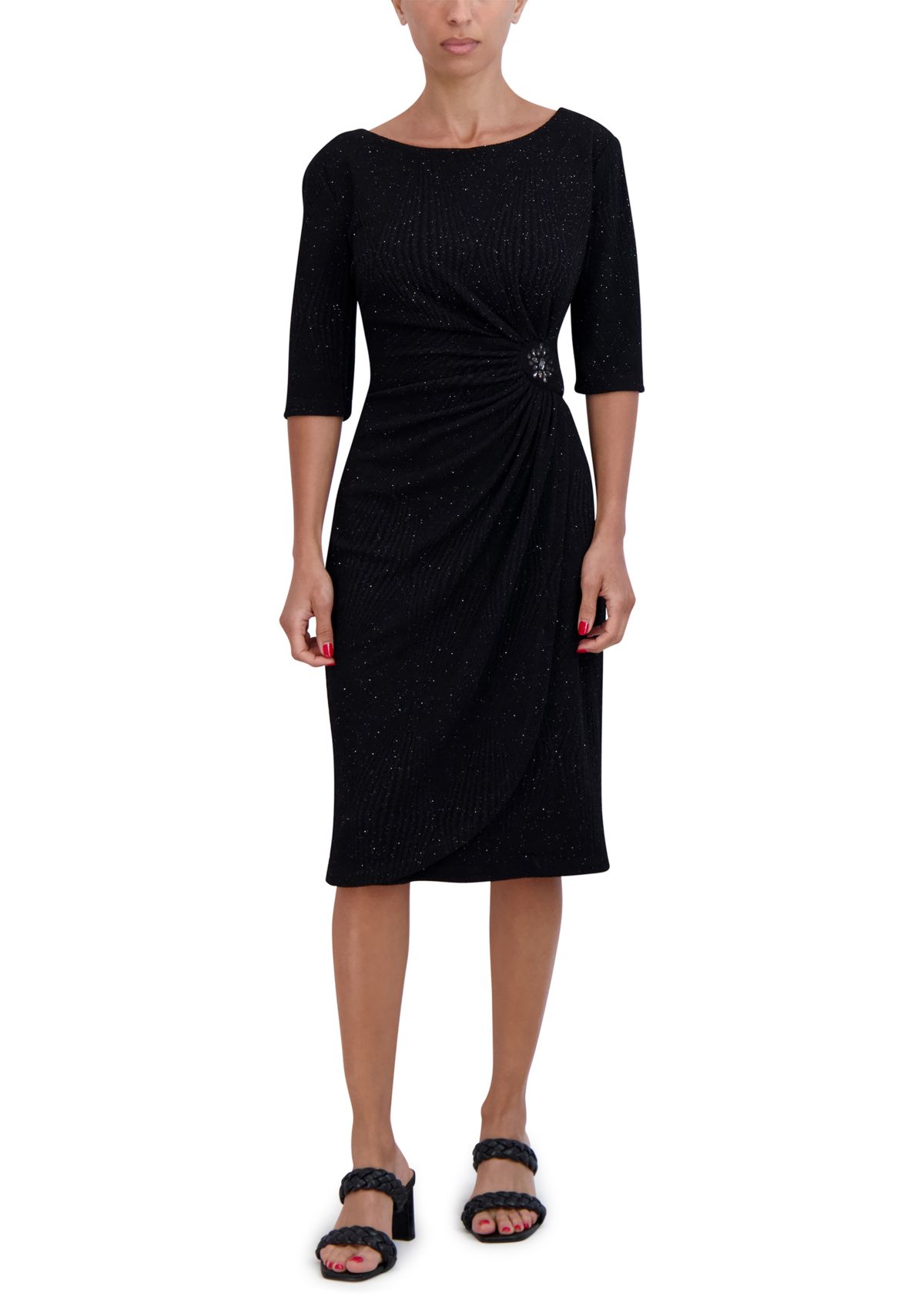 Womens Elbow Sleeve Boat Neck Solid Sheath Dress