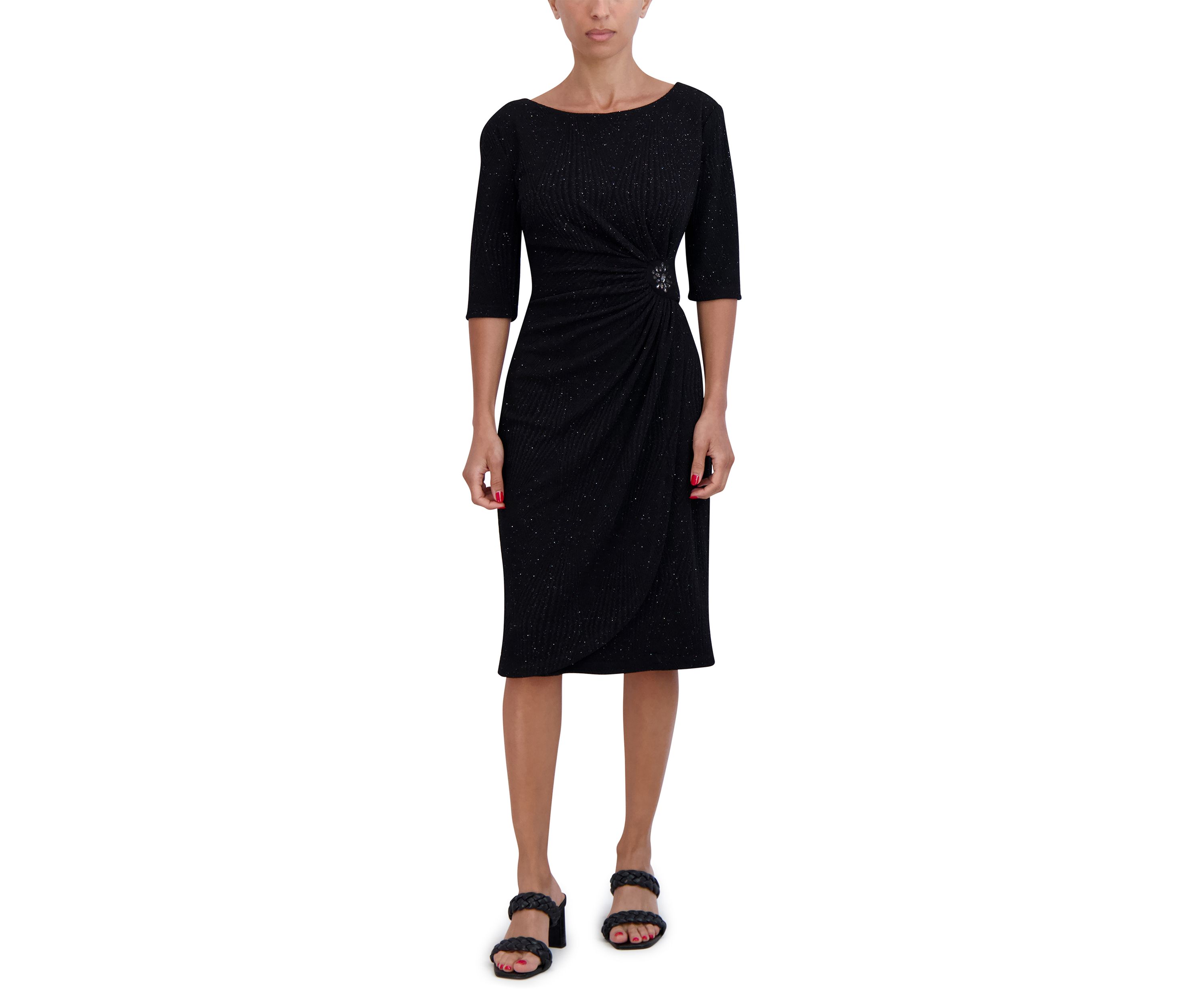 Womens Elbow Sleeve Boat Neck Solid Sheath Dress