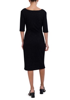 Women's Elbow Sleeve Boat Neck Solid Sheath Dress