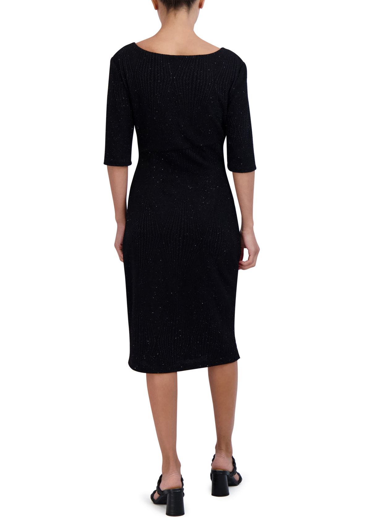 Womens Elbow Sleeve Boat Neck Solid Sheath Dress