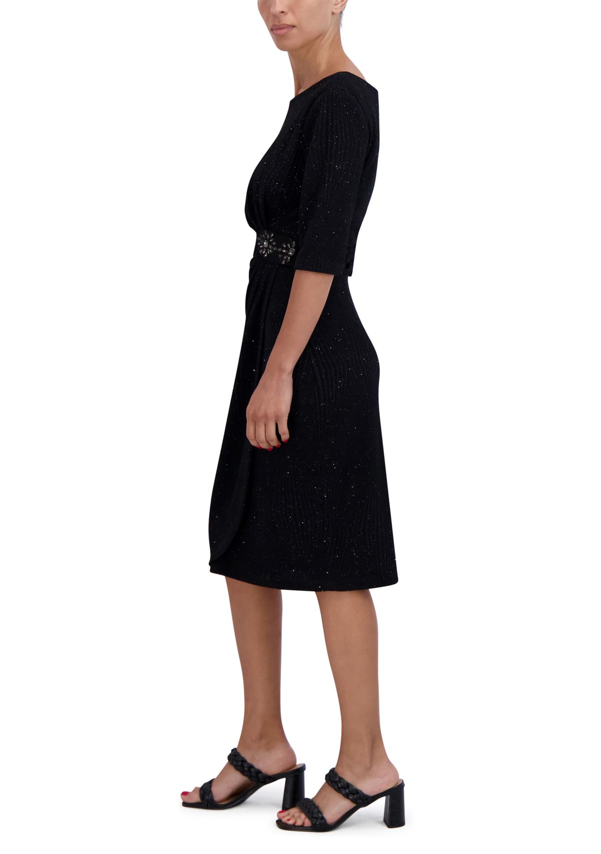 Womens Elbow Sleeve Boat Neck Solid Sheath Dress