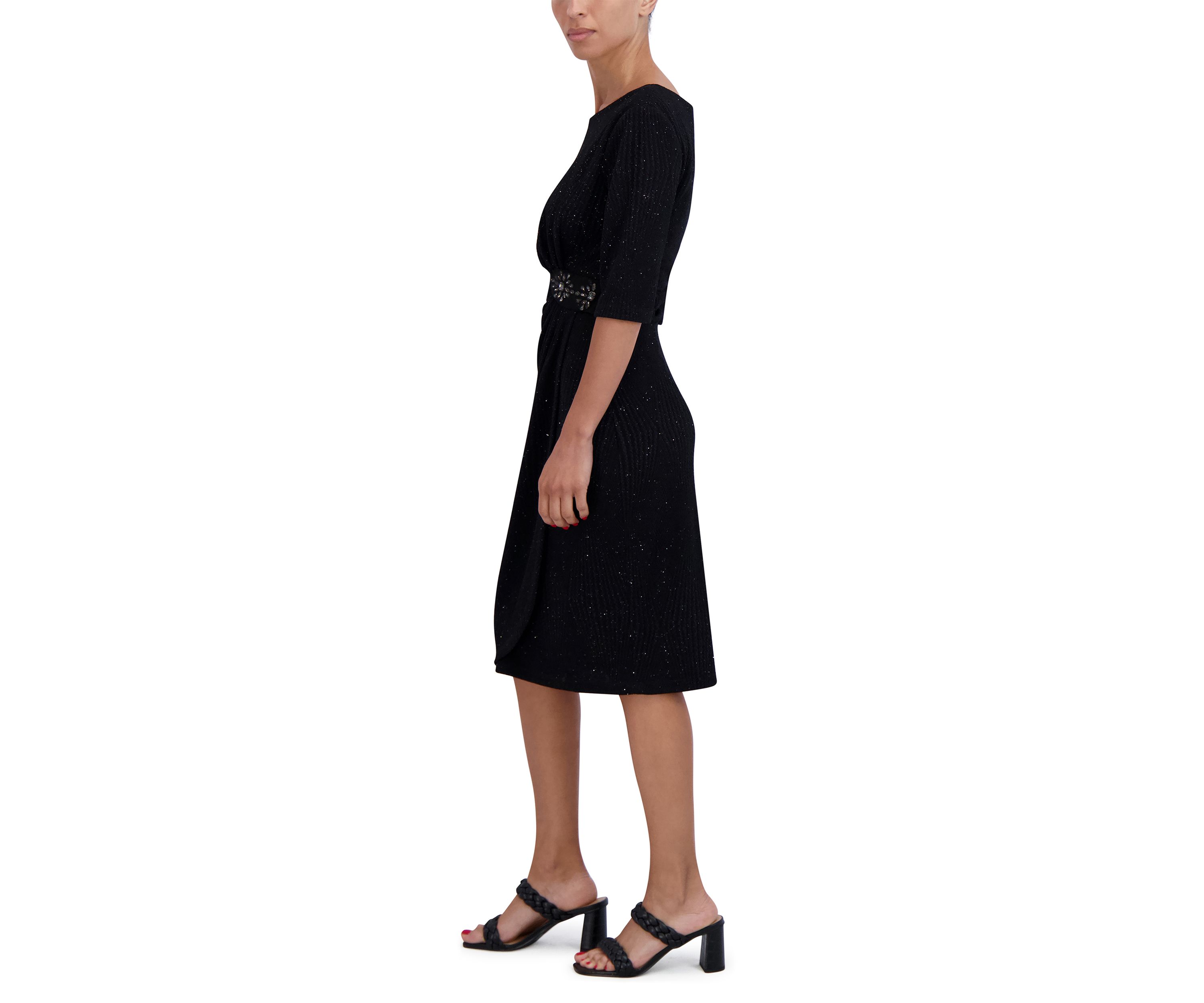 Womens Elbow Sleeve Boat Neck Solid Sheath Dress
