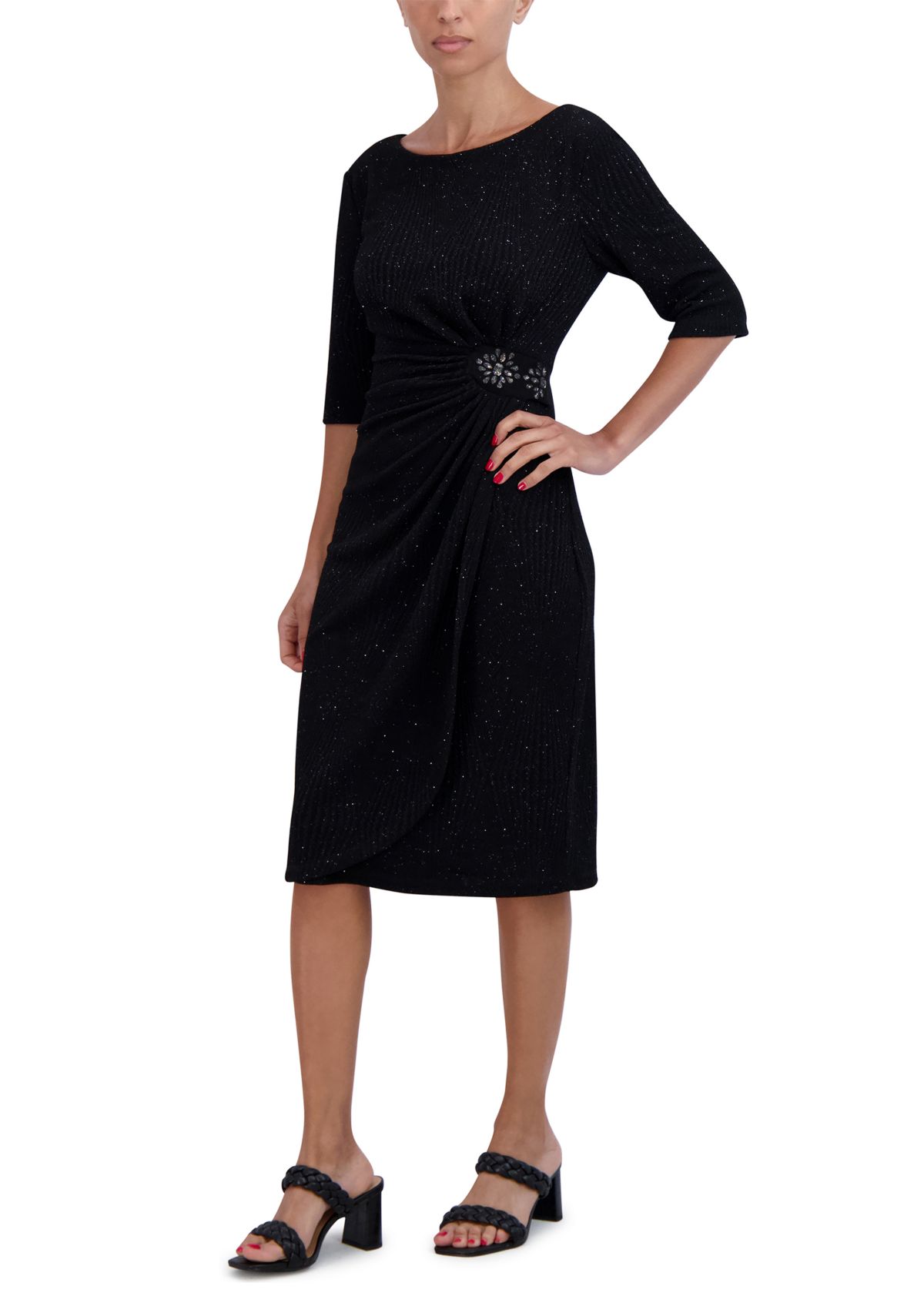 Womens Elbow Sleeve Boat Neck Solid Sheath Dress