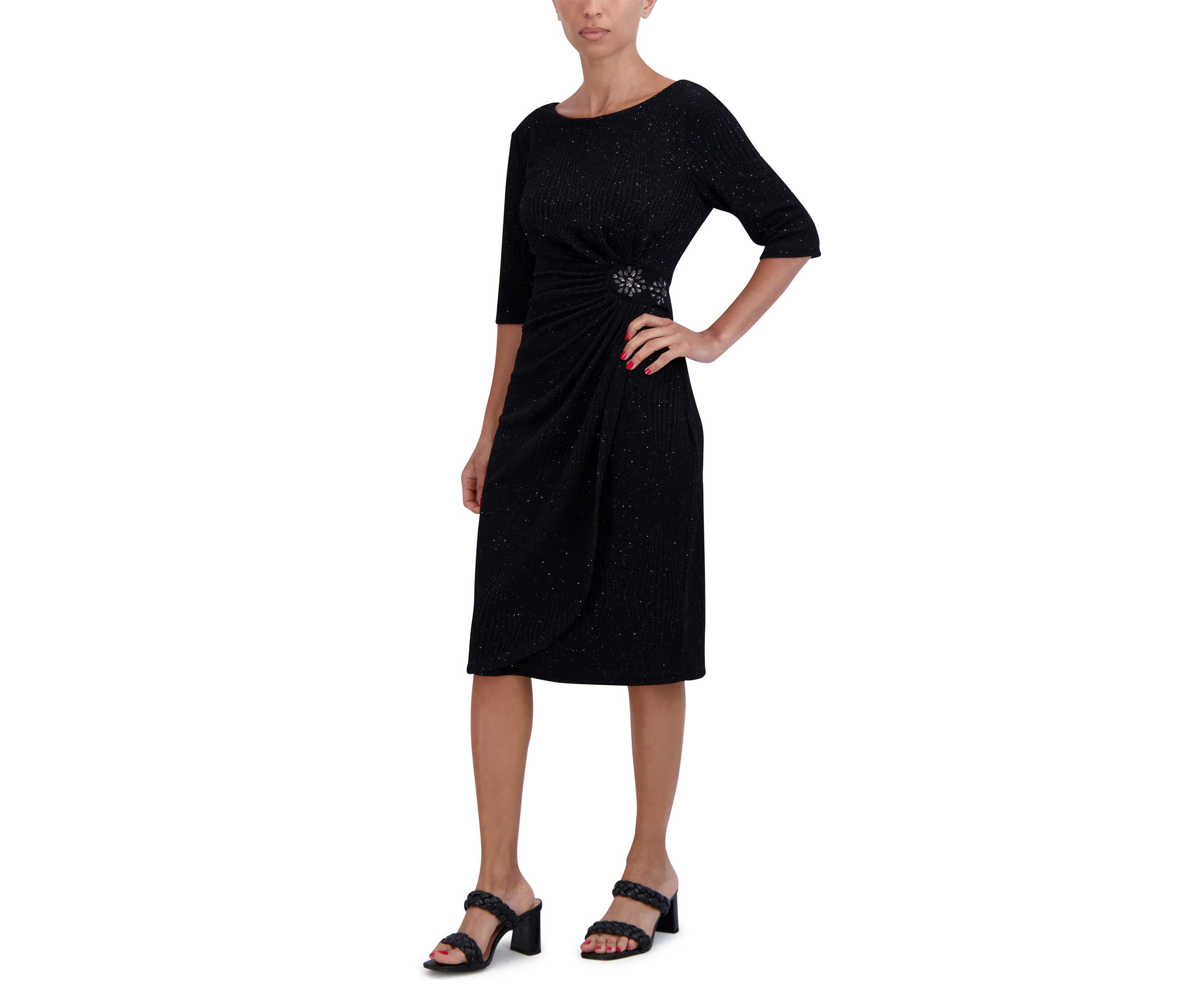 Womens Elbow Sleeve Boat Neck Solid Sheath Dress