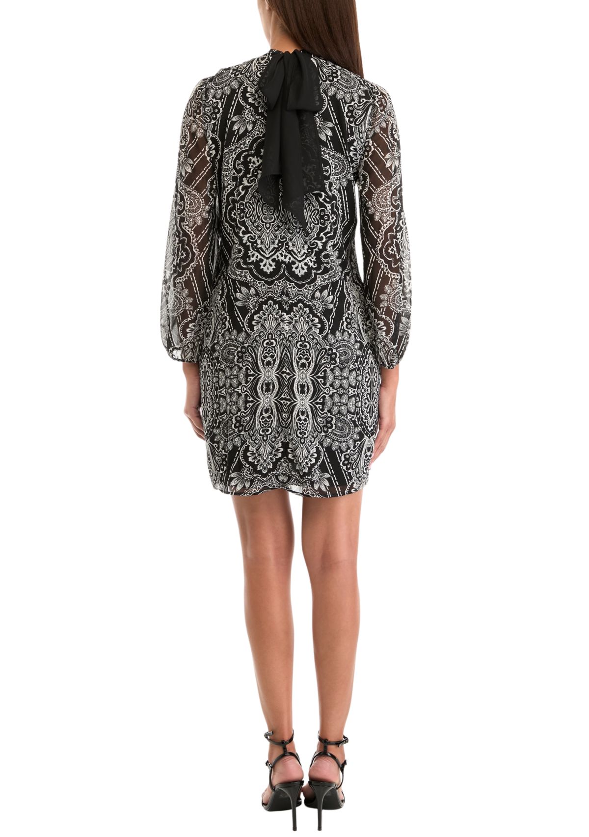 Womens Long Sleeve Mock Neck Printed A-Line Dress