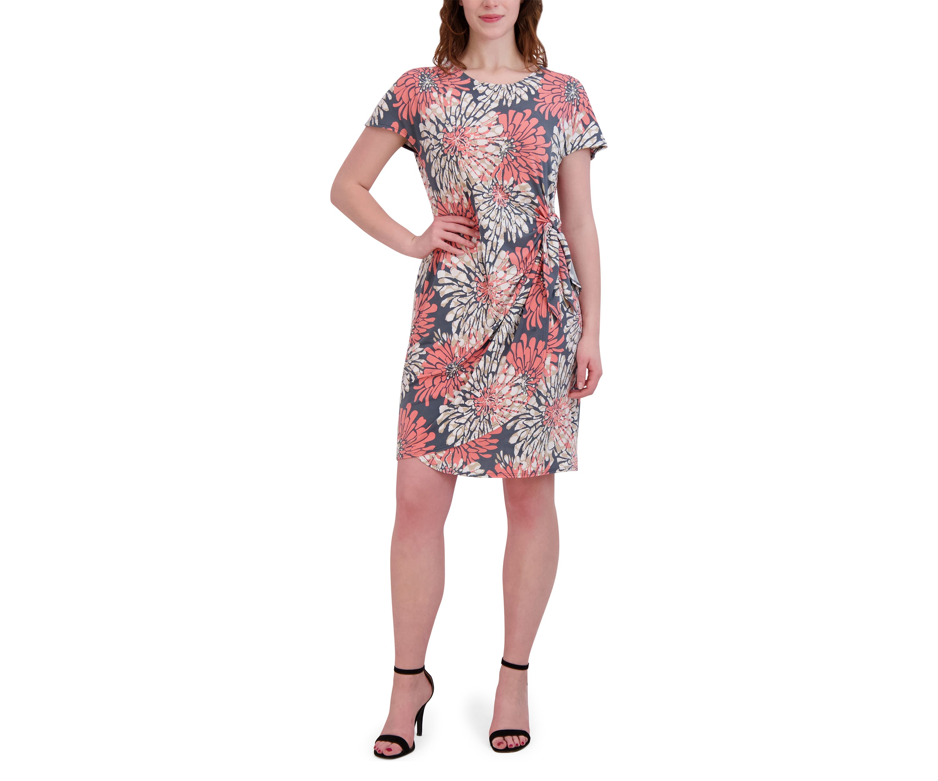 Womens Short Sleeve Crew Neck Floral Print Dress