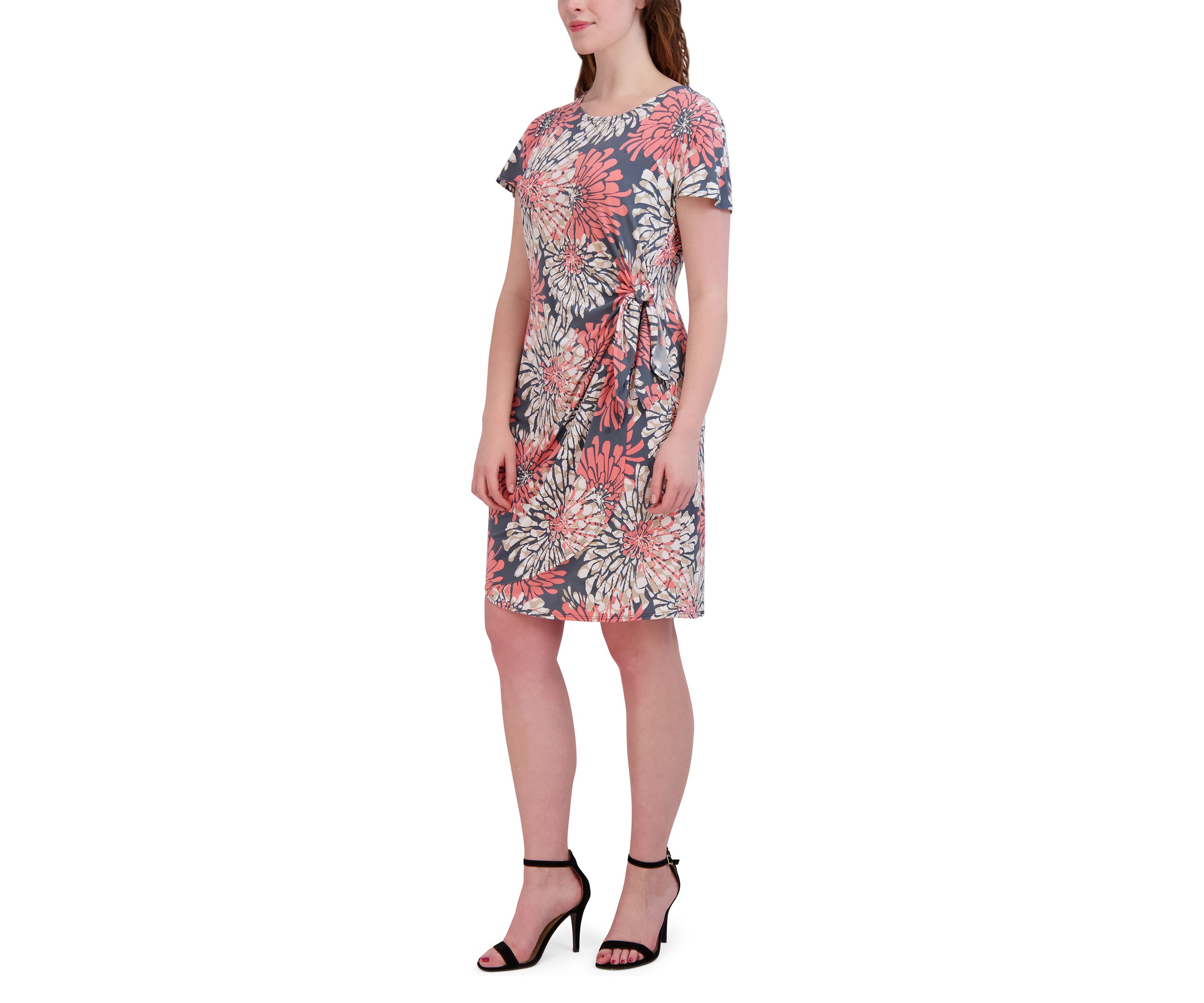 Womens Short Sleeve Crew Neck Floral Print Dress