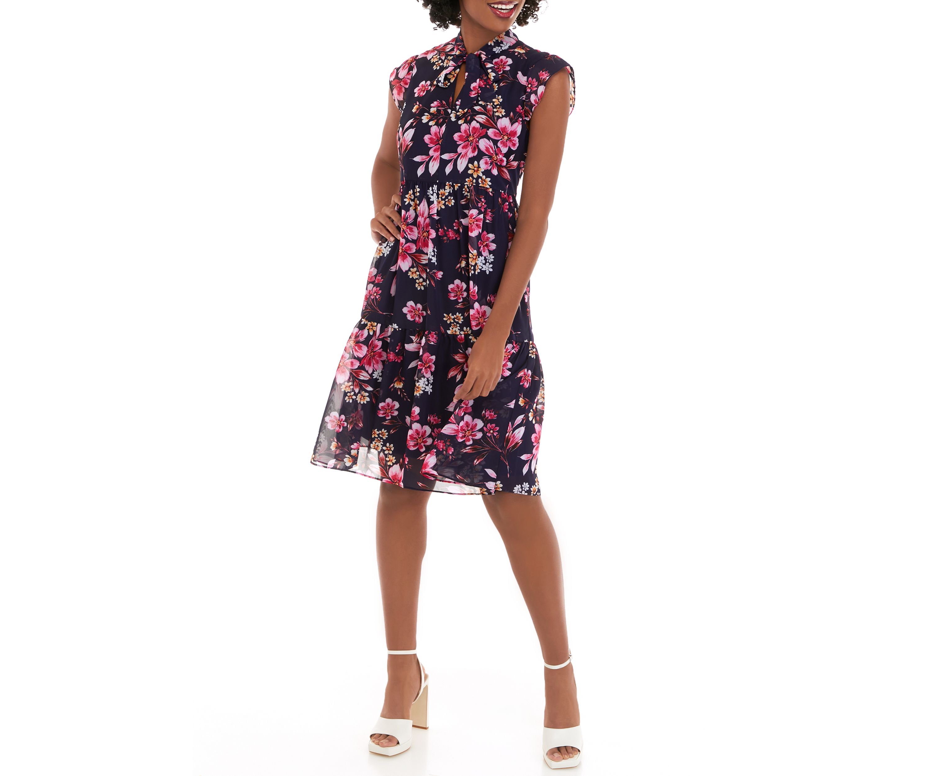 Womens Sleeveless Floral Print Chiffon Tie Front Babydoll Dress