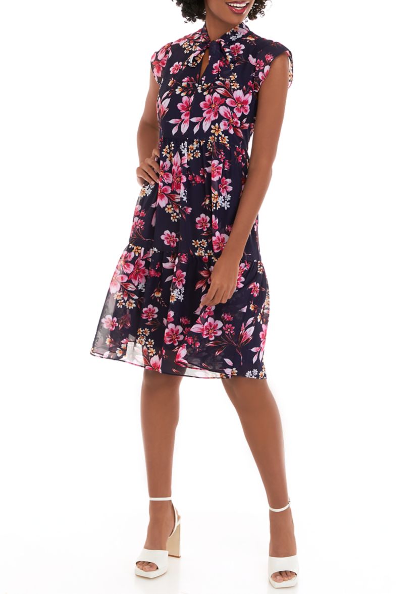 Womens Sleeveless Floral Print Chiffon Tie Front Babydoll Dress
