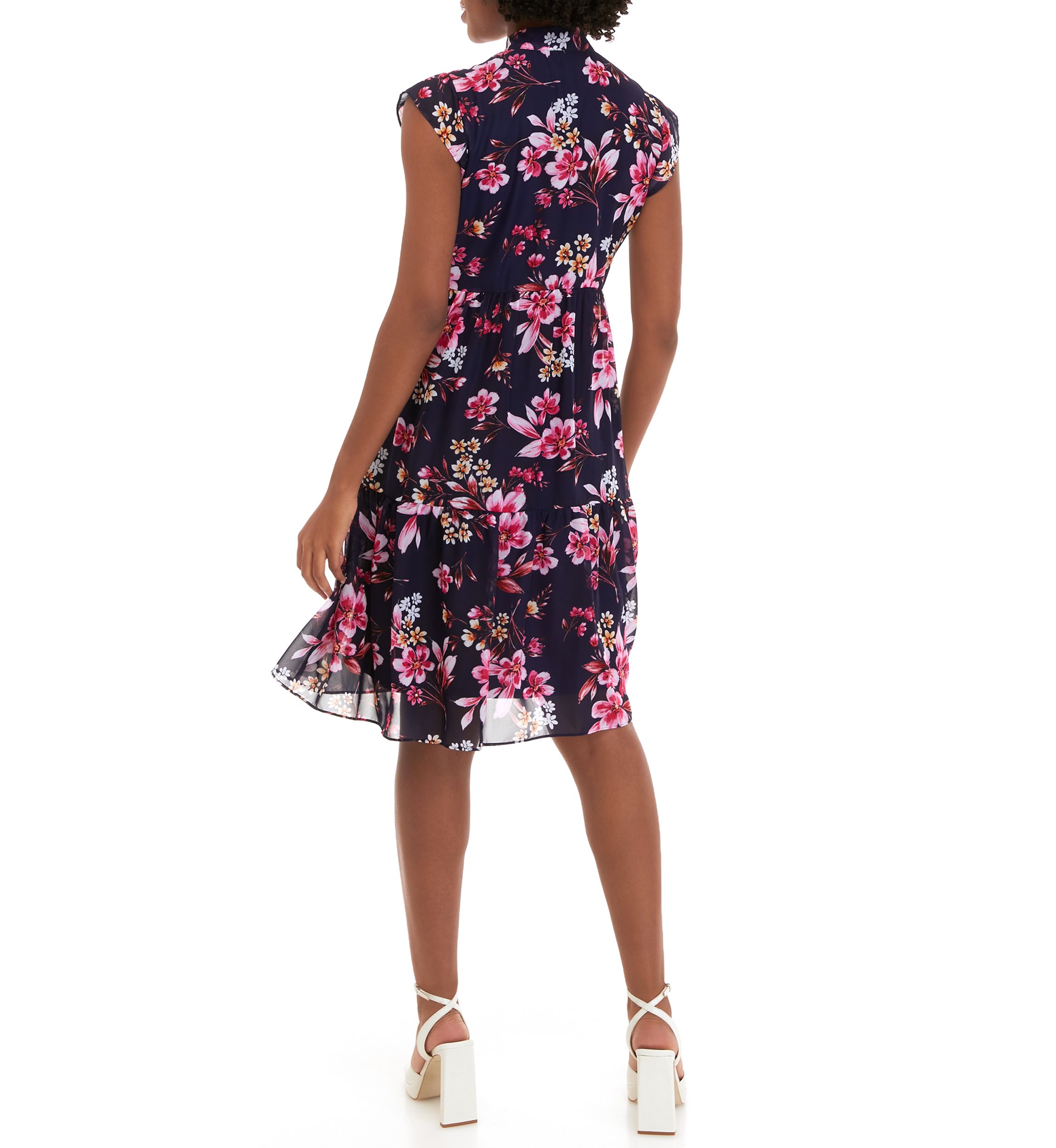 Womens Sleeveless Floral Print Chiffon Tie Front Babydoll Dress
