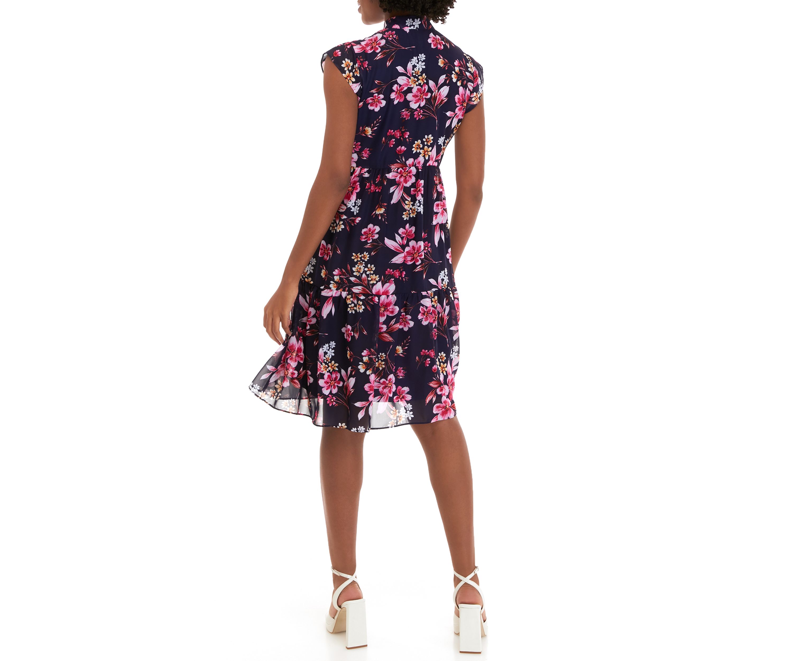 Womens Sleeveless Floral Print Chiffon Tie Front Babydoll Dress