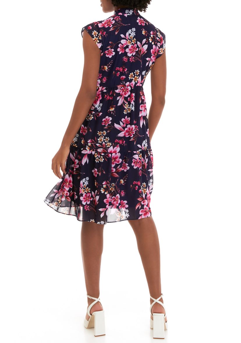 Womens Sleeveless Floral Print Chiffon Tie Front Babydoll Dress