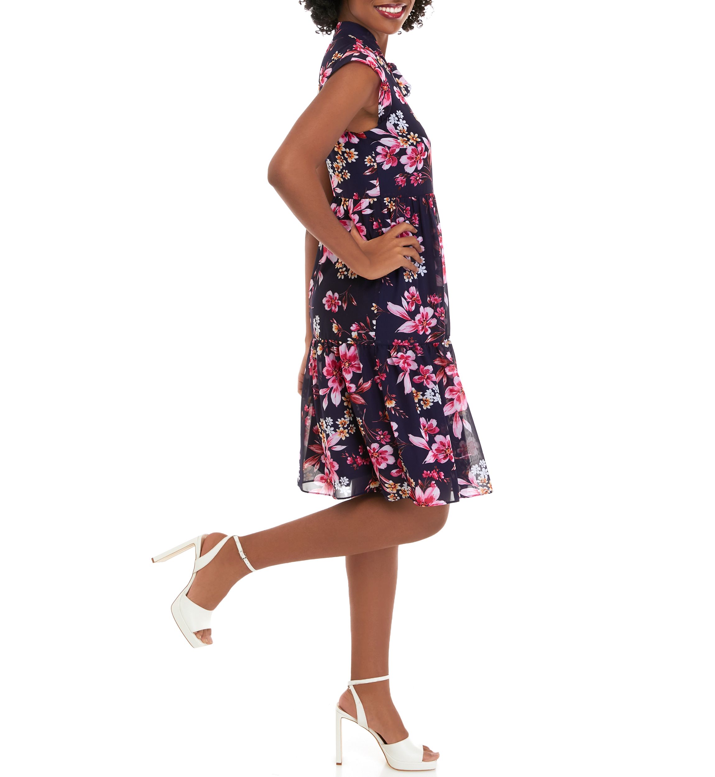 Womens Sleeveless Floral Print Chiffon Tie Front Babydoll Dress