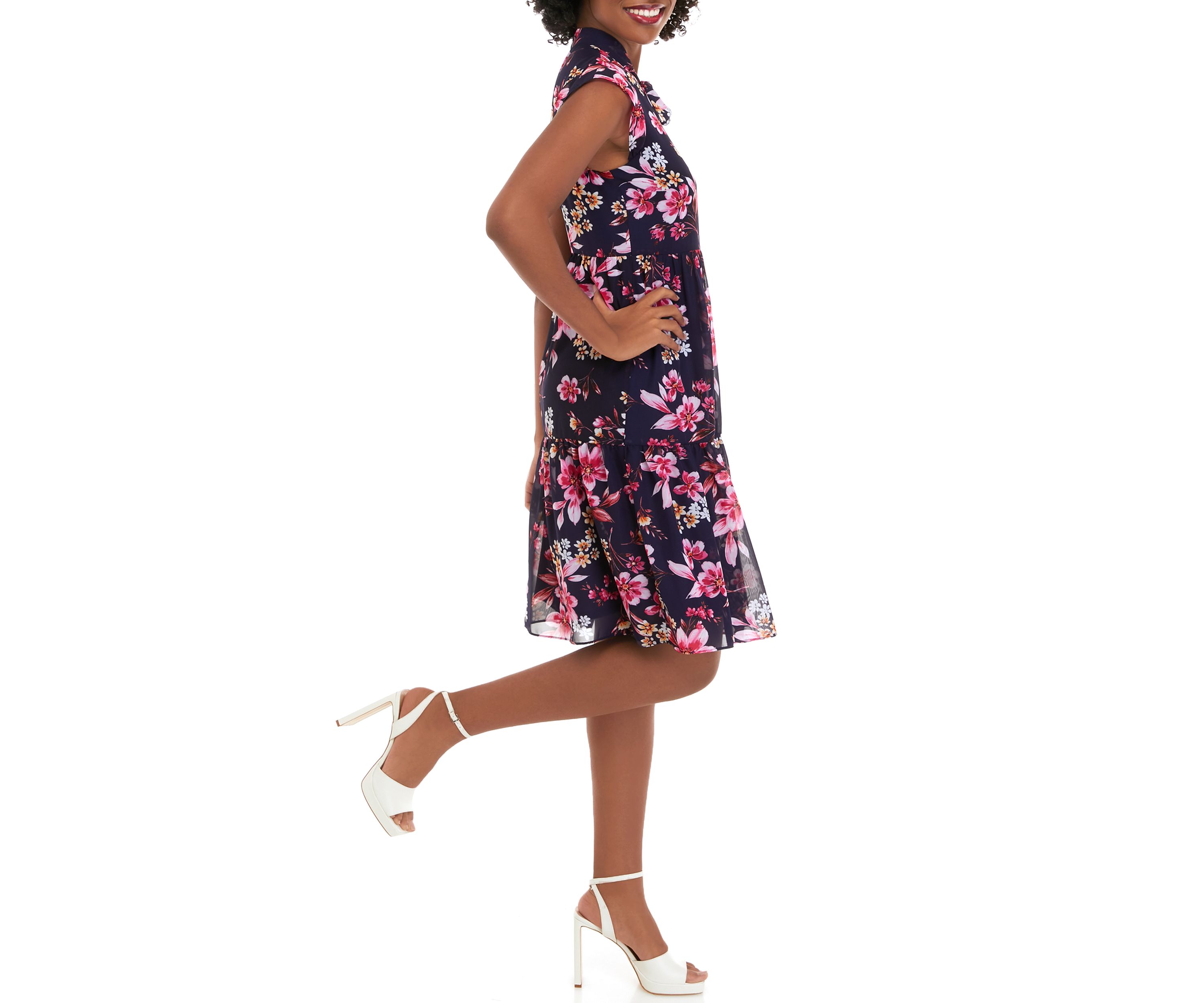 Womens Sleeveless Floral Print Chiffon Tie Front Babydoll Dress