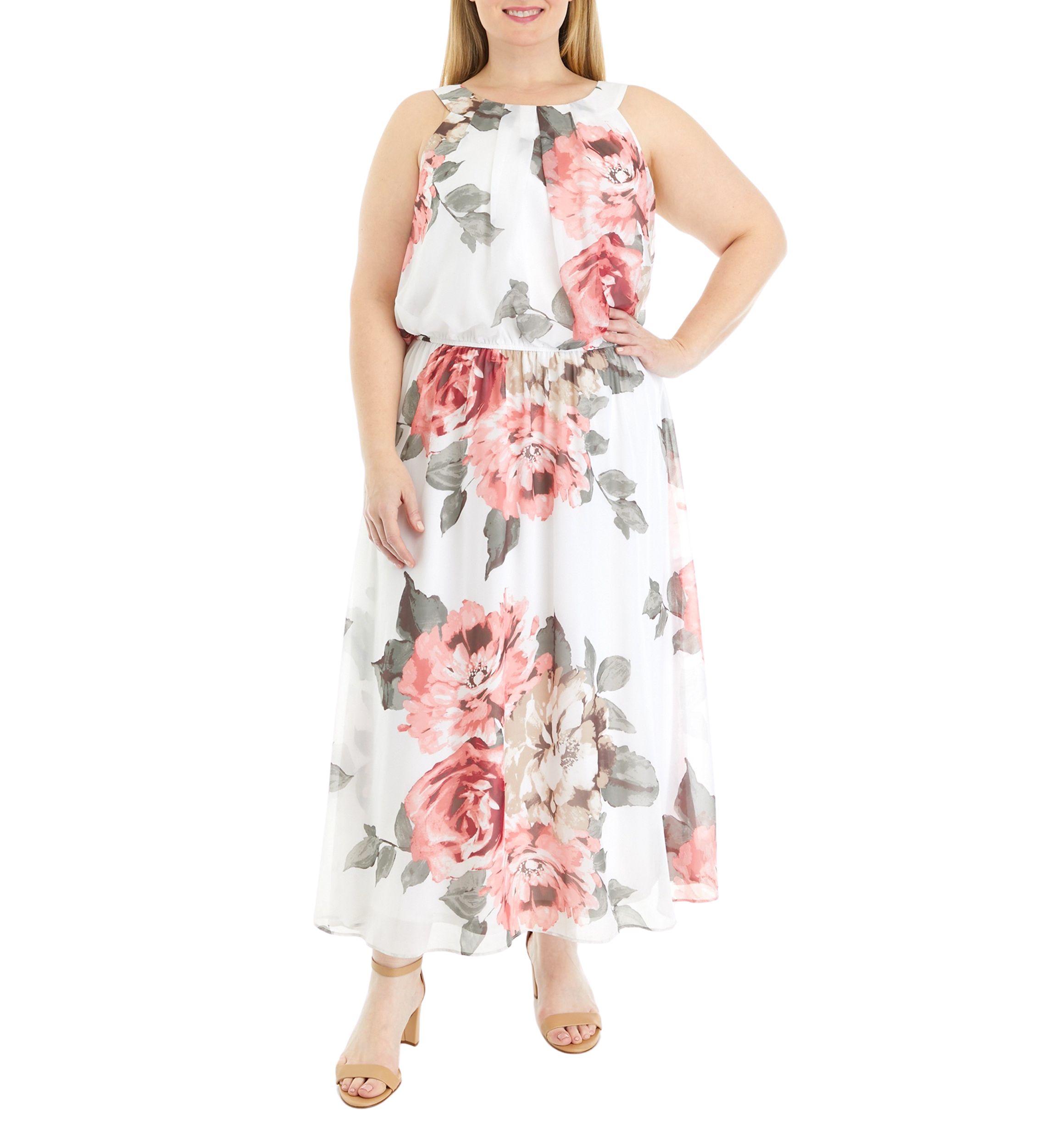 Plus Size Sleeveless Halter Floral Print Maxi Dress