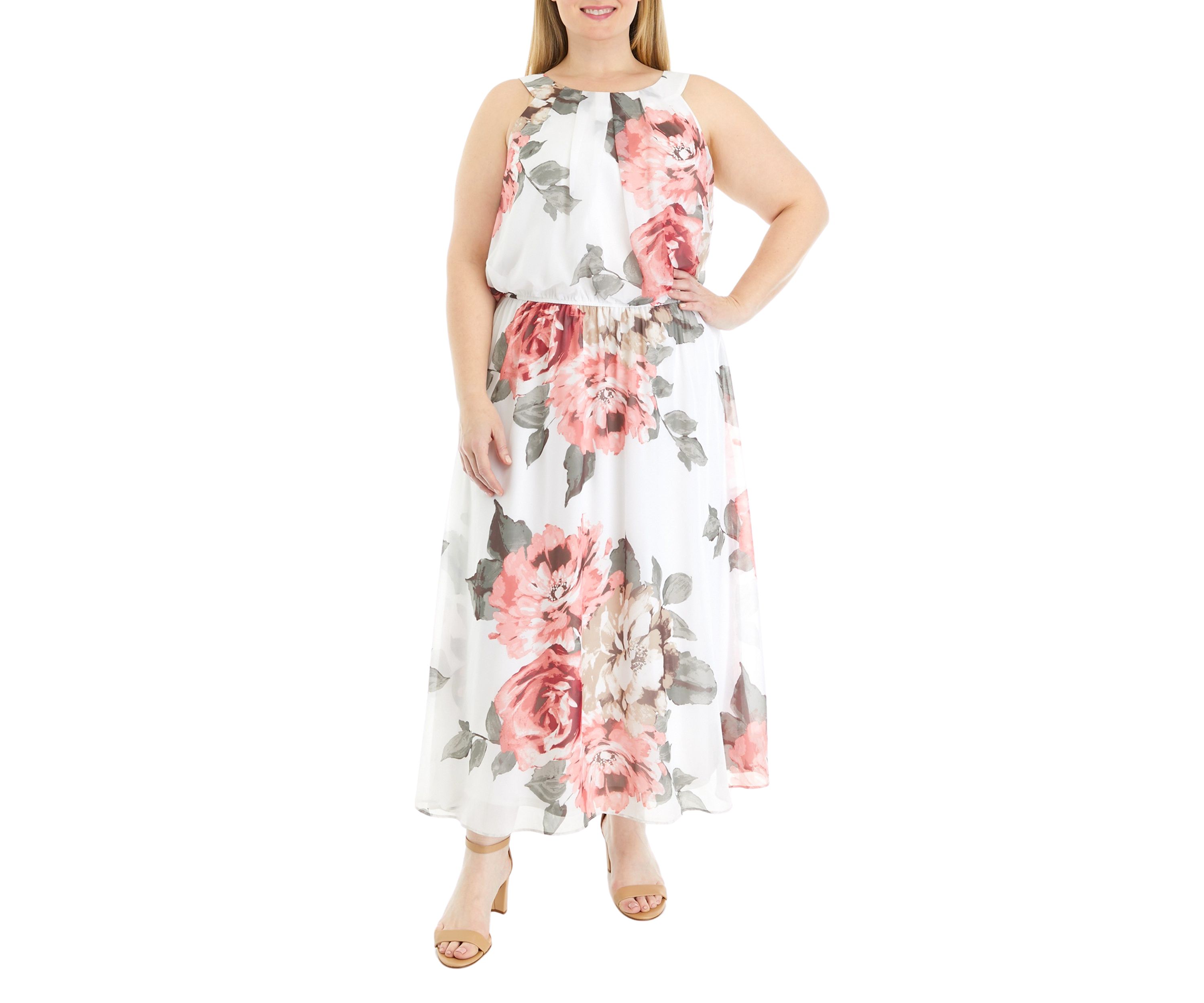 Plus Size Sleeveless Halter Floral Print Maxi Dress