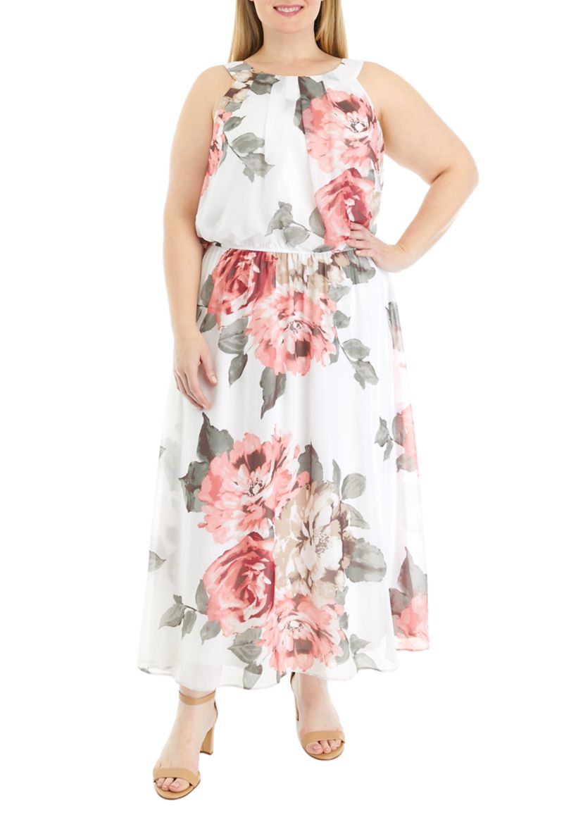 Plus Size Sleeveless Halter Floral Print Maxi Dress