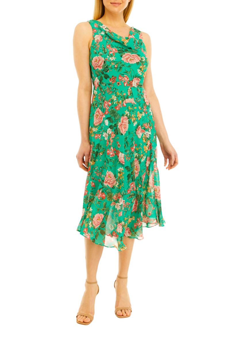 Womens Sleeveless Floral Print Chiffon Midi Dress