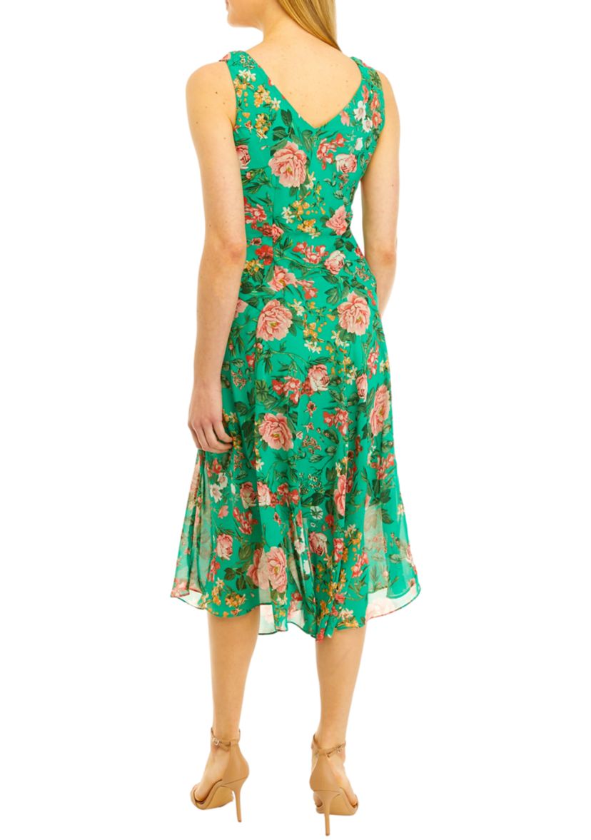 Womens Sleeveless Floral Print Chiffon Midi Dress